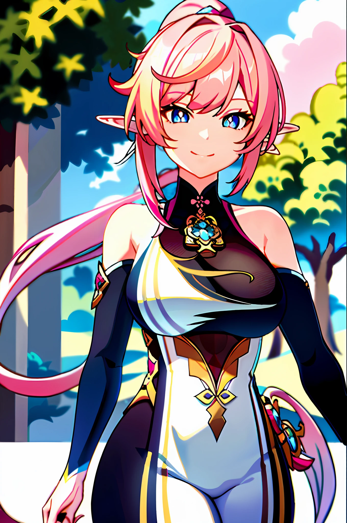 masterpiece, best quality, 1girl, solo, upper body, genshin impact, 1girl, elf ears, branch, large breasts, half-open mouth, elysia, huge breasts, large breasts, massive breasts, elysia (Honkai Impact), jewelry, long hair, ponytail, blunt bangs, looking at viewer, ear cuffs, breasts, big smile, bodysuit, tight body suit, skintight body suit, tight, pink hair, blue eyes, pink pupils, pink pupils, blue eyes, pink pupils, sidelocks, smile, solo, dynamic pose, genshin,