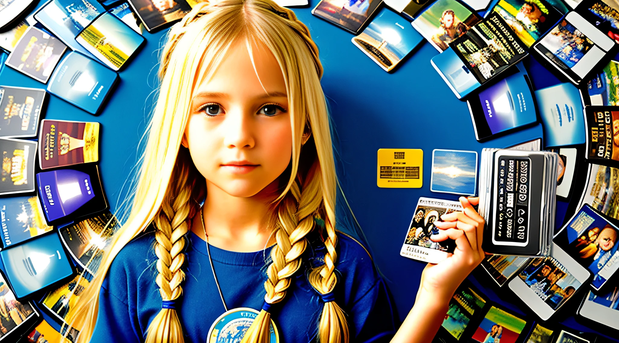 GIRL BLONDE CHILD IN BRAIDS LONG HAIR, holding a cd in front of her face, CDs, her face on discs, digitally remastered, polished : :, an album cover, DVD, VTM, subtitles, CD, album cover!, photo portlet, - me, Alexa Grace, digital image, music video, steam, 3-D, 3-D, Blu-ray transfer