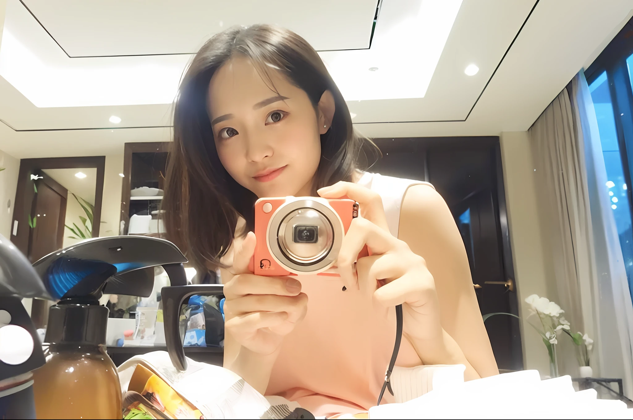 there is a woman taking a picture of herself in a mirror, dilraba dilmurat, 8k selfie photograph, sha xi, xintong chen, kimi takemura, kiko mizuhara, lulu chen, gemma chen, ruan jia beautiful!, selfie, selfie photography, selfie shot straight on angle, with cute - fine - face, li bingbing