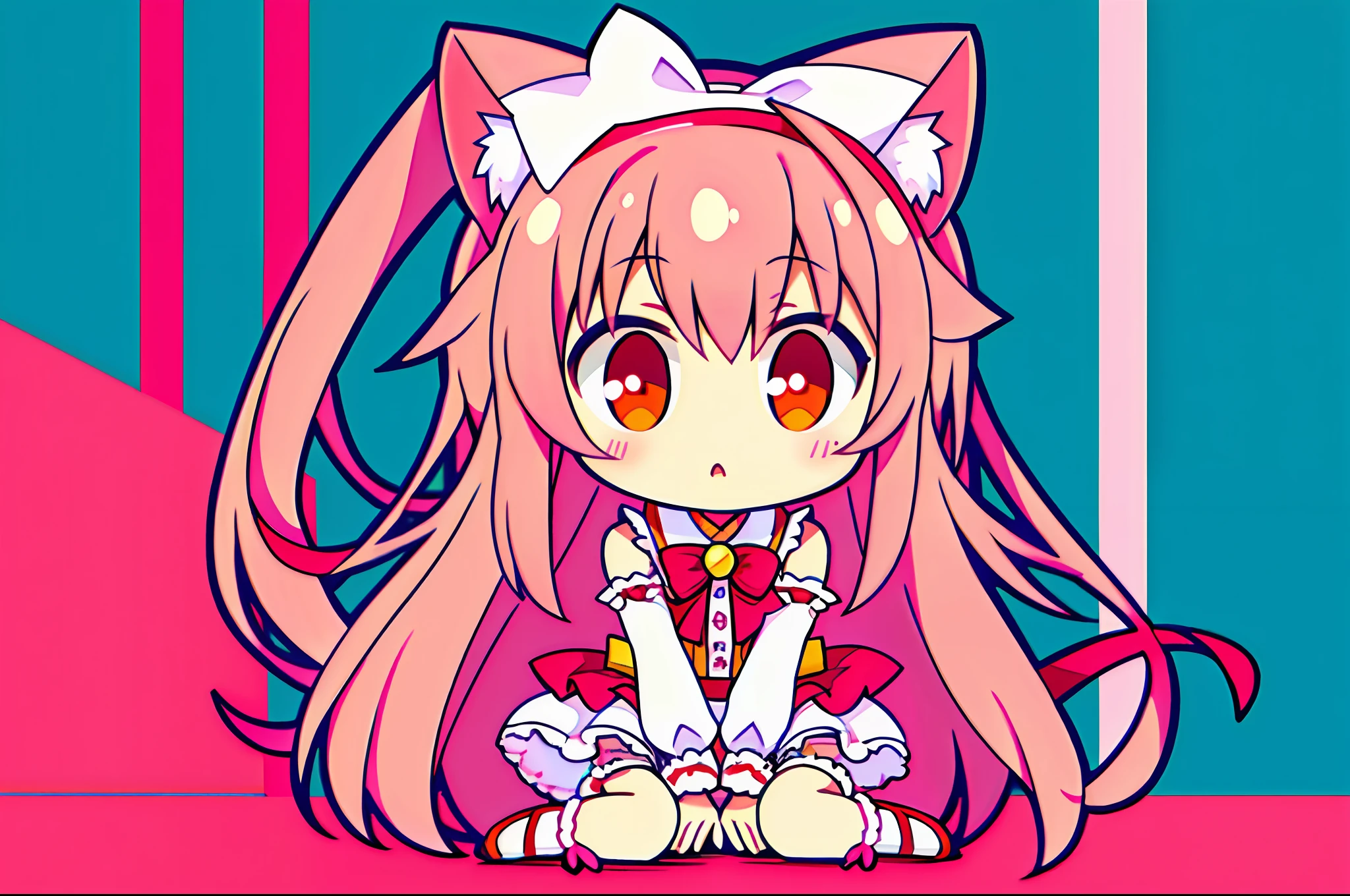 Baby Girl, Lori, Little Girl, Anime, Two-dimensional, Sakura pink hair color, white silk, leg rings, long hair, cat ear bow, pink headband, red pupils,