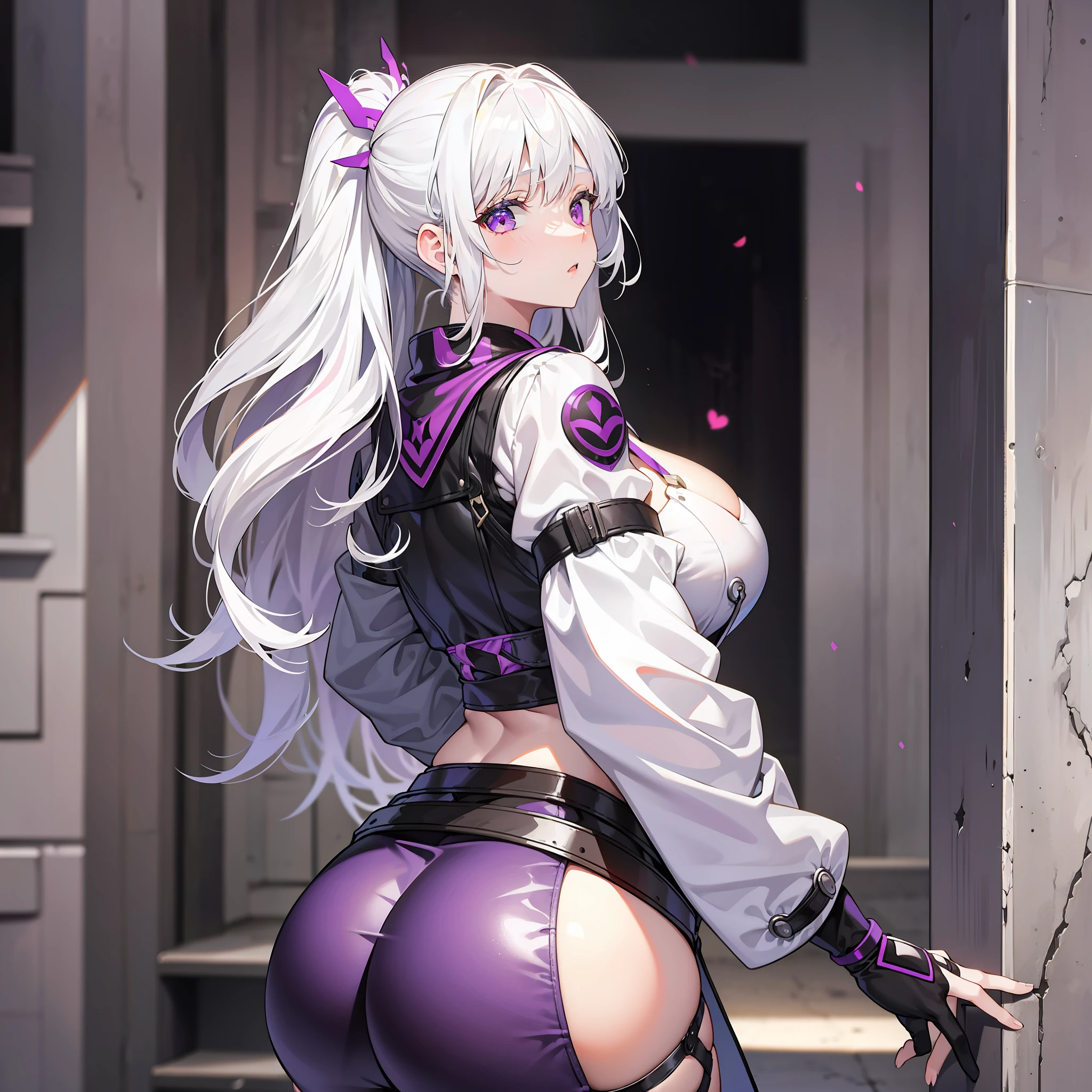 girl, big butt, big boobs, white hair, purple eyes, tall