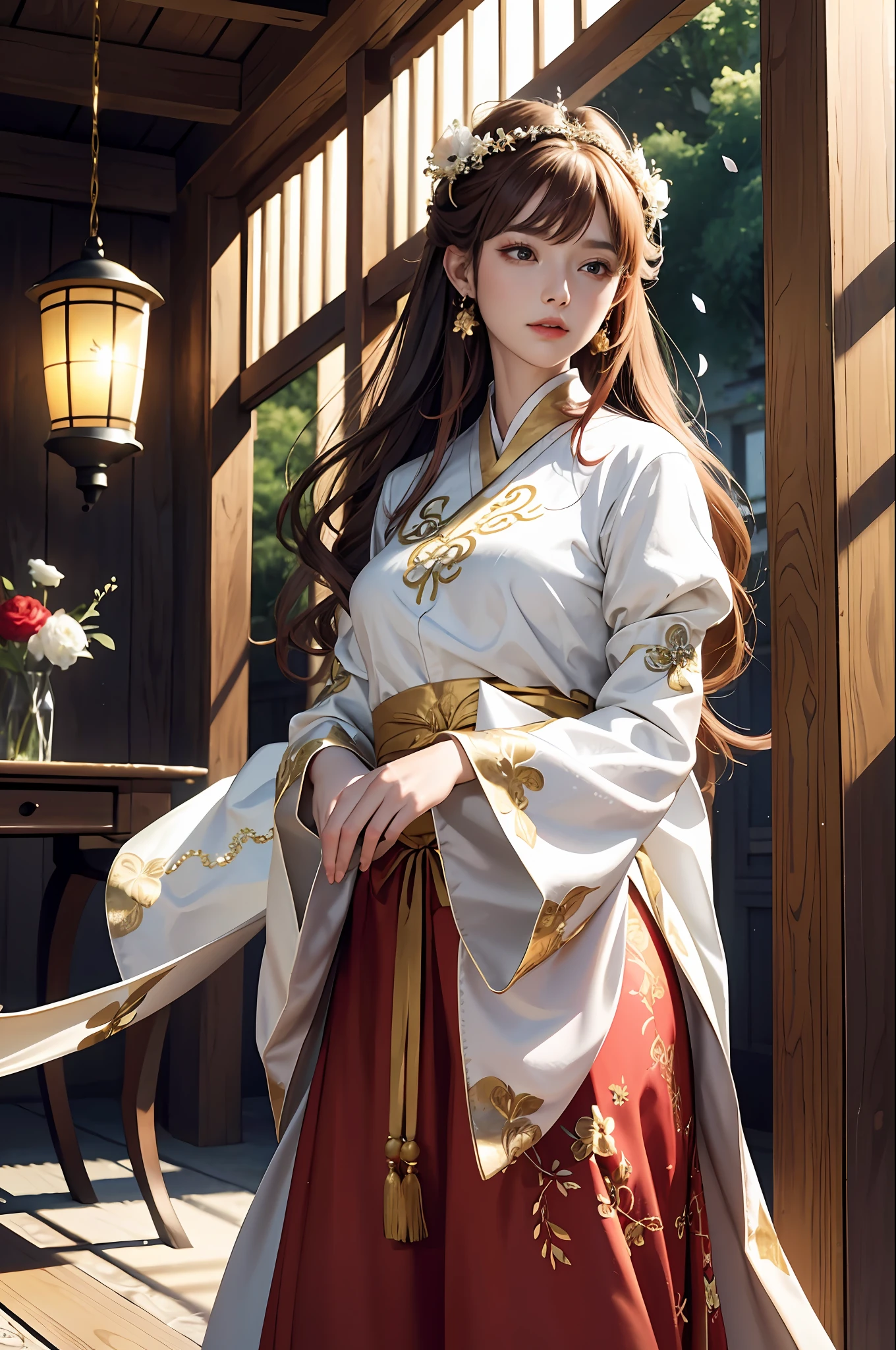 Superb Beauty, (Milky Skin: 1.3), Exquisite Details, High Resolution, Wallpaper, 1 Woman, Solo, Dress, Hair Accessories, (((Golden Red Dress)) ), Flower, Long Hair, Brown Hair, Shut Up, Accessories, Long Sleeves, Raised Hands, Wide Sleeves, Big Eyes, Flowing Hair, Hanfu, Hanfu, Embroidery, Long Dress, Natural Pose, Falling Petals, Indoor, Fanning, Lantern, 16K, HDR, High Resolution, Depth of Field, (Film grain: 1.1), Bocon, Primetime, (lens flare), vignetting, rainbow, (color grading: 1.5), sexy, seductive