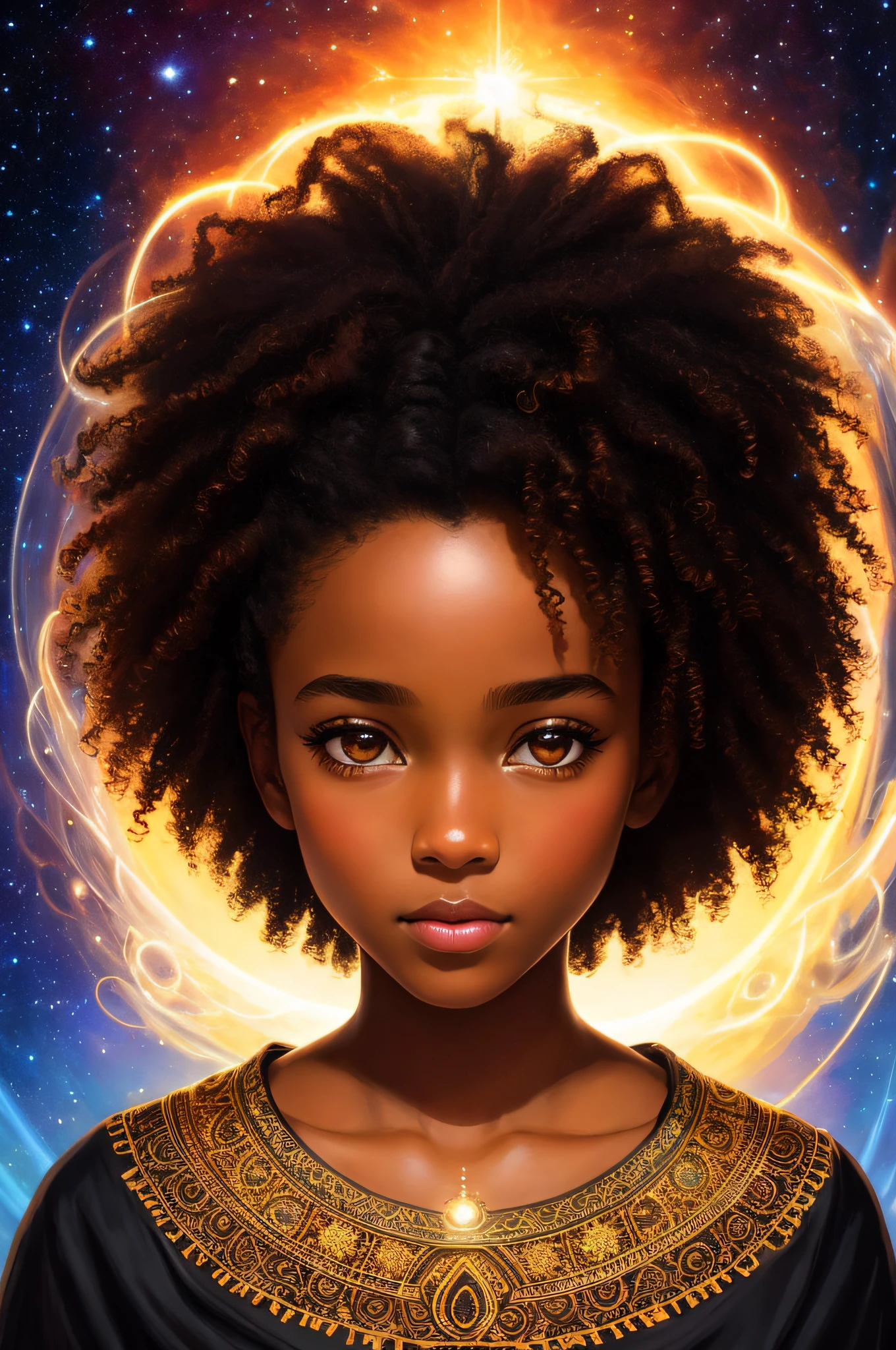 a beautiful 3 year old, African, short curly brown hair, bow on the head, portrait, looking at the viewer, symmetrical, brown eyes, chick on the left cheek, slight smile, spiritual awakening, intricate details, cosmic, ethereal, mystical, complicated environment, brushstrokes, illuminating lights, Greg Rutkowski, RHADS, masterpiece, ultra high resolution, high quality,