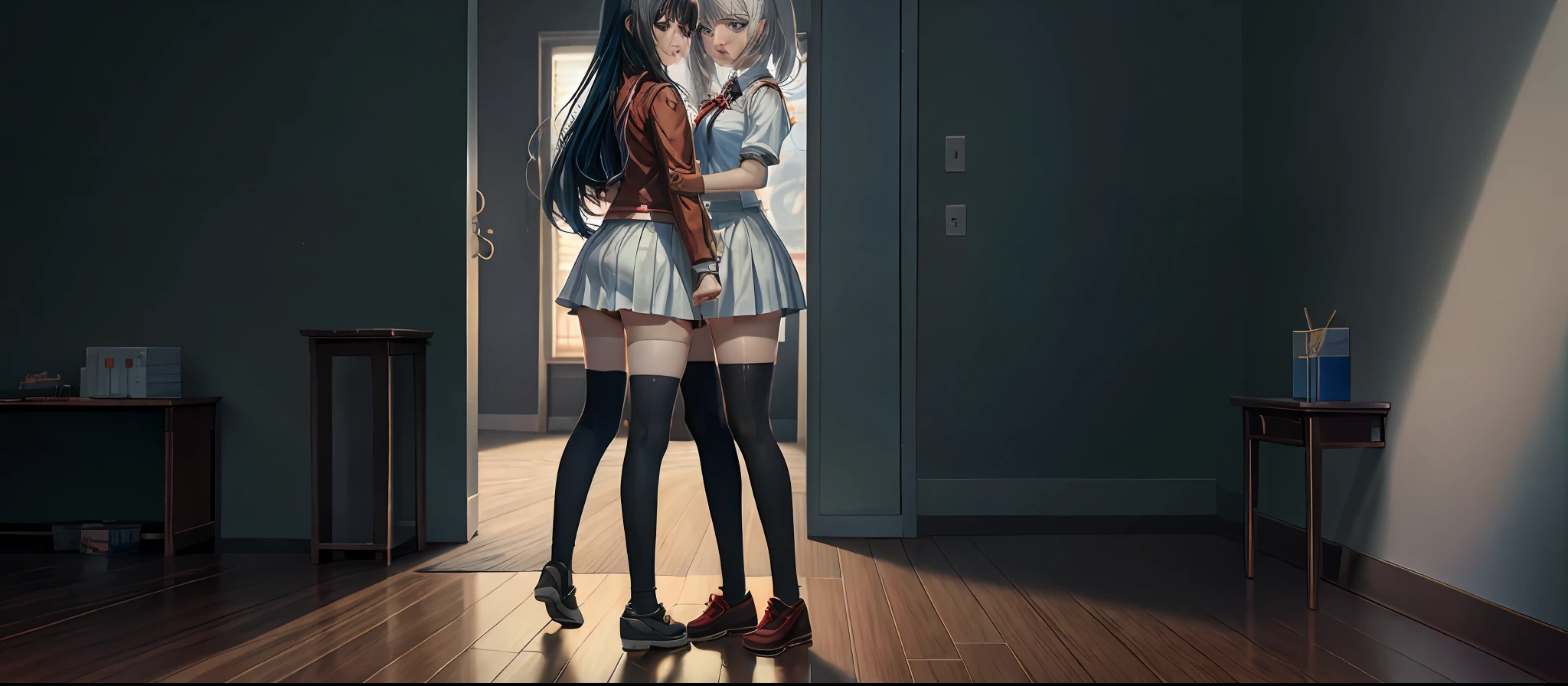 anime characters standing next to each other in a room, medium shot of two characters, two characters, stylized anime, CG game, video game screenshot>, game screenshot, closeup character, magic school uniform, game screenshot, pc screenshot, Guweiz-style art, highly detailed characters, magical school student uniform, cutscene, realism style