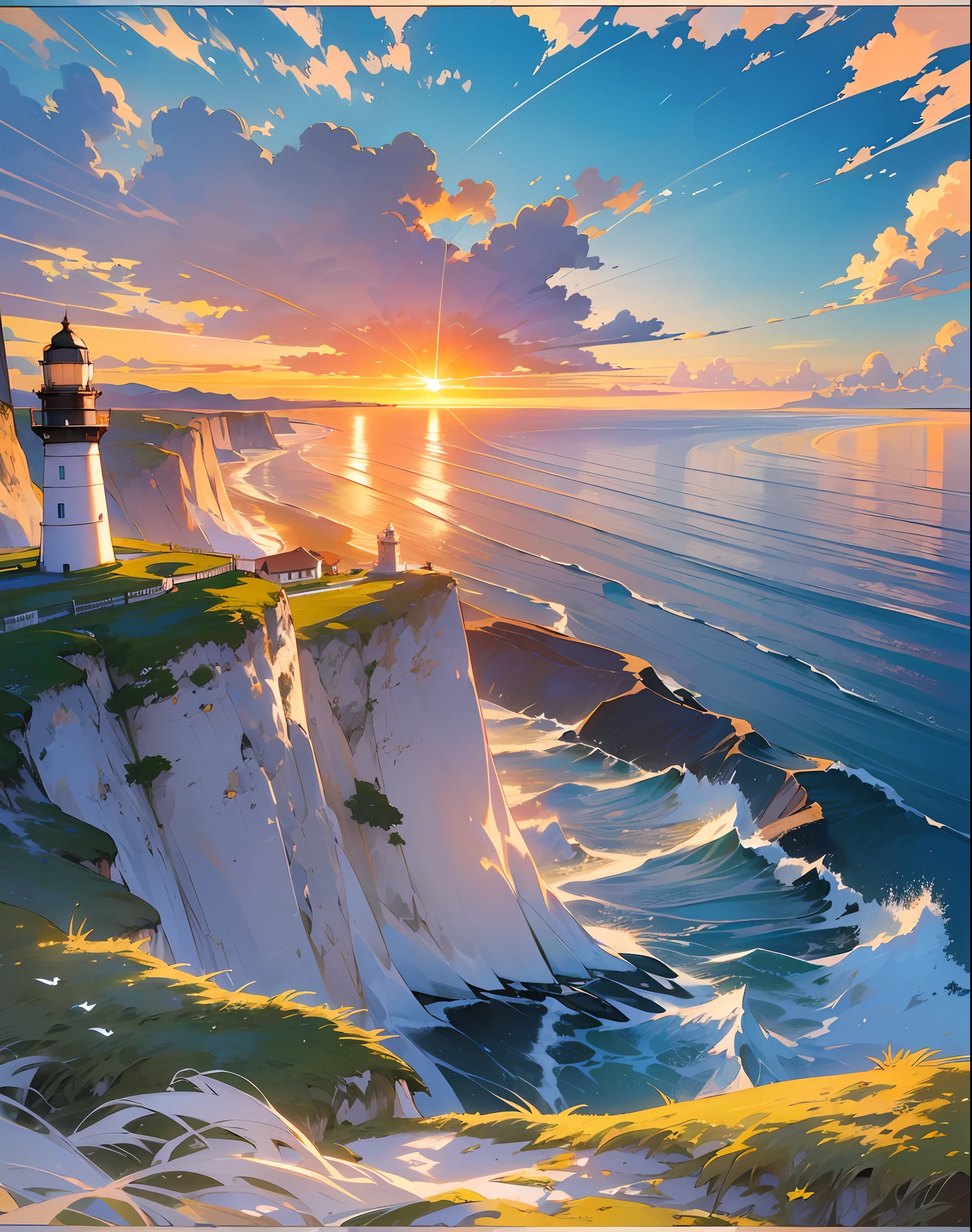 Expansive coastal view, (timeless beauty:1.2), (dramatic cliffs:1.1), pristine sandy beach, crystal clear turquoise waters, (gentle waves:0.9), (golden sunlight:1.2), (seabirds in flight:1.1), (whitewashed lighthouse:1.3), (majestic rock formations:1.2), (lush coastal vegetation), (vibrant wildflowers:1.1), (serene and calm atmosphere:1.2), (sense of tranquility and escape), (impressive depth and perspective), (high dynamic range:1.1), (popular among nature photographers:1.2), (captivating sunrise or sunset:1.3). --auto --s2