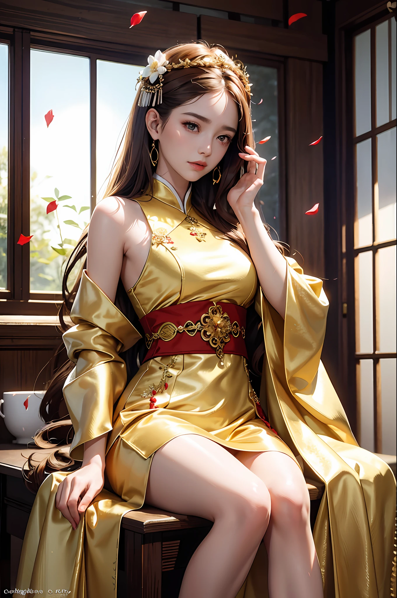 Superb Beauty, (Milky Skin: 1.3), Exquisite Details, High Resolution, Wallpaper, 1 Woman, Solo, Dress, Hair Accessories, (((Golden Red Dress)) ), Flower, Long Hair, Brown Hair, Shut Up, Accessories, Long Sleeves, Raised Hands, Wide Sleeves, Big Eyes, Flowing Hair, Hanfu, Hanfu, Embroidery, Long Dress, Natural Pose, Falling Petals, Indoor, Fanning, Lantern, 16K, HDR, High Resolution, Depth of Field, (Film grain: 1.1), Bocon, Primetime, (lens flare), vignetting, rainbow, (color grading: 1.5), sexy, seductive