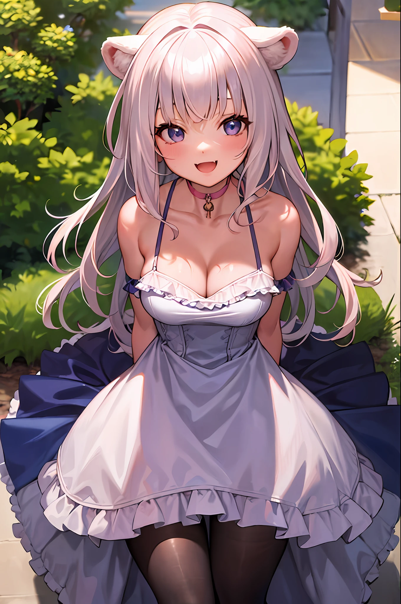 (leaning over:1.4), (masterpiece:1.2, best quality), (real picture, intricate details), 1girl, solo, absurdres, cowboy shot, standing, outdoors, :3, smile, bear girl, bear ears, ((light pink dress)), frills, very detailed dress, white thighhighs, platinum blonde hair, gray blue eyes, long hair, ((red strawberry choker)), smile, open mouth, one fang, large breasts, cleavage, sleeveless dress, arms behind back,