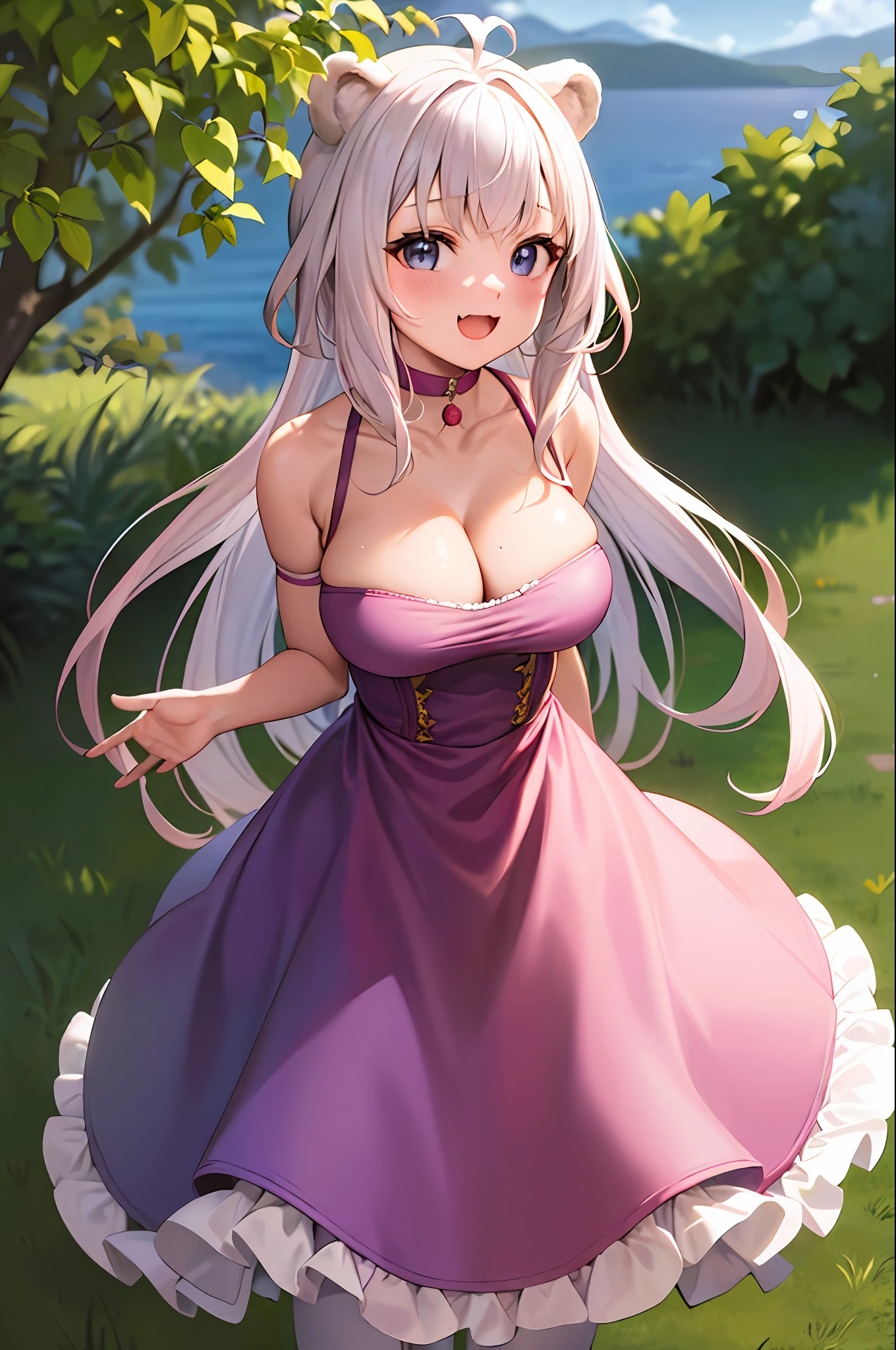 (leaning over:1.4), (masterpiece:1.2, best quality), (real picture, intricate details), 1girl, solo, absurdres, cowboy shot, standing, outdoors, :3, smile, bear girl, bear ears, ((light pink dress)), frills, very detailed dress, white thighhighs, platinum blonde hair, gray blue eyes, long hair, ((red strawberry choker)), smile, open mouth, one fang, large breasts, cleavage, sleeveless dress, arms behind back,