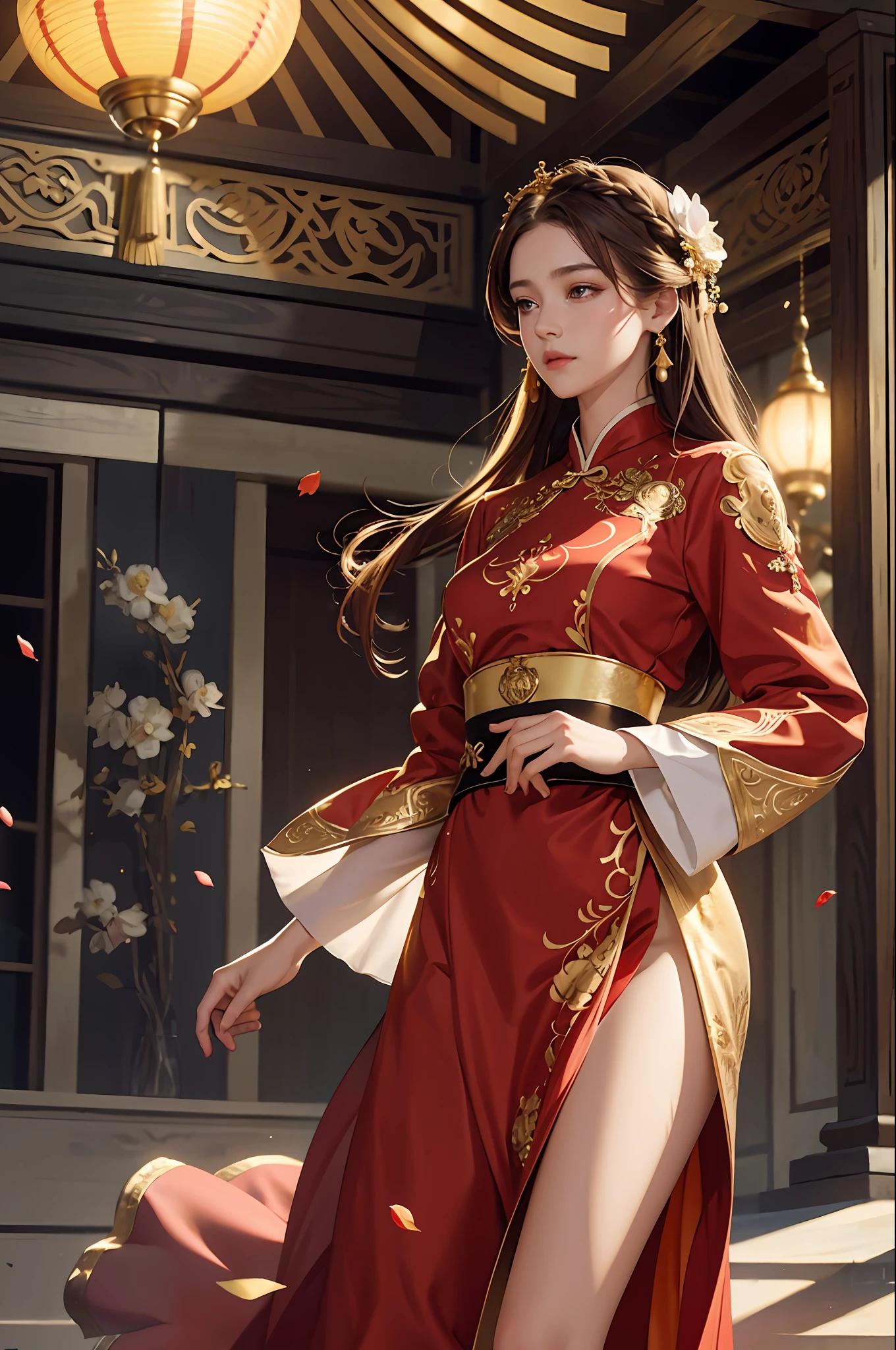 best quality, masterpiece, highres, (exquisite body:1.5),gorgeous face,(milky skin:1.3),intricate details,high resolution,wallpaper,
1girl, solo, dress, hair ornament, (((gold and red dress))), flowers, long hair, brown hair, closed mouth, jewelry, long sleeves, hand up, wide sleeves, big eyes,floating hair, chinese clothes, hanfu, embroidery, long skirt, natural pose, falling petals, indoor,fanning, lantern,
16K,HDR,highres,depth field,(film grain:1.1),boken,golden hour,(lens flare),vignette,rainbowing,(color grading:1.5)