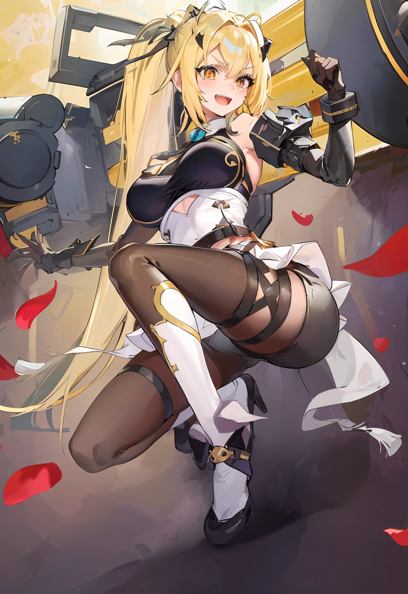 Original Character, Volumetric Lighting, Best Shadow, Shallow Depth of Field, Portrait of a Stunning Girl, Petite, Delicately Beautiful Charming Face, Charming Yellow Eyes, Messy Painted Face, Sharp Eyebrows, Bright Smile, Open Mouth, Fangs Exposed, Cute Medium Breasts, Layered Long Ponytail Blonde, Blush Eye Shadow, Thick Eyelashes, Oversized Pop Jacket, Mini Underboob Tee, Crop Top, Buckle Belt, In The Graffiti Alley, (highest quality, amazing detail: 1.25), (solo: 1.3), brilliant and colorful paintings