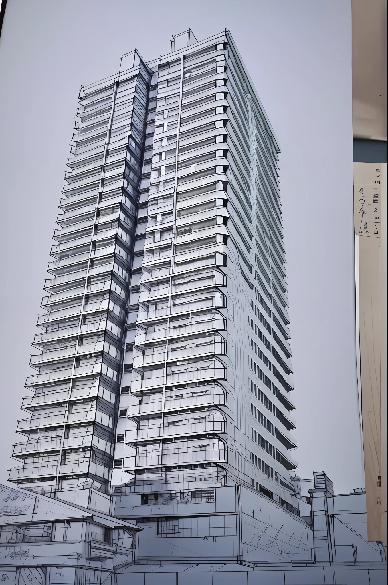 drawing of a tall building with a clock on the top of it, architectural rendering, architectural illustration, highly detailed sketch, architectural sketch, architectural concept, highly detailed linework, architectural render, perspective view, low angle dimetric rendering, concept image, detailed line art, architectural 3 d render, high quality sketch, concept drawing, detailed line work, line sketch