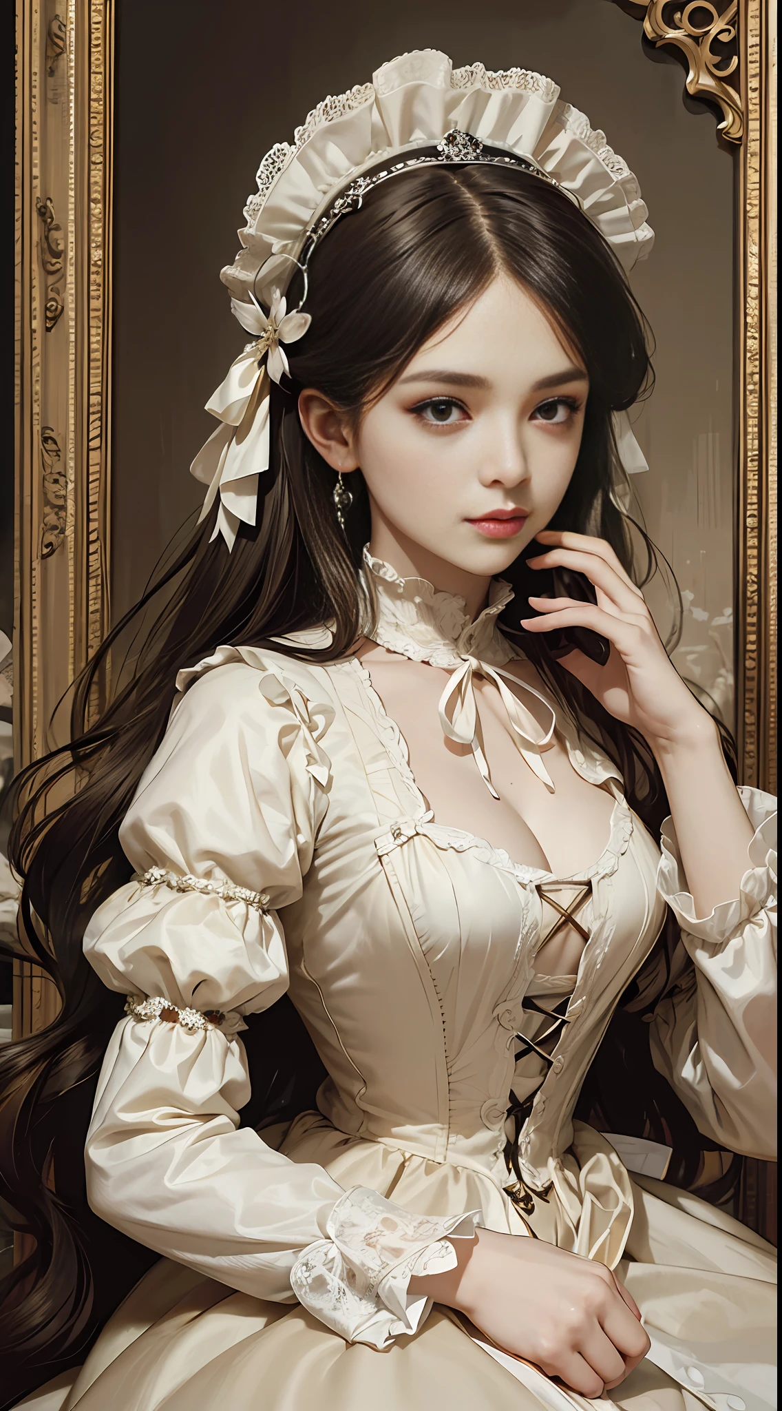 (Pure Color: 0.9), (Color: 1.1), (Masterpiece: 1,2), 30 years old, Best Quality, Masterpiece, High Resolution, Original, Highly Detailed Wallpaper, Beauty, Victorian, Dress, Sad, Small Face, Big Breasts, Sepia --auto --s2