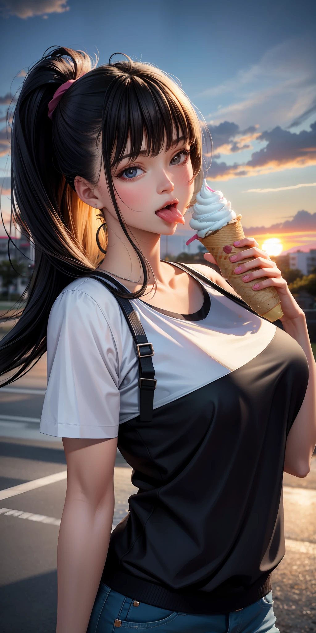 realistic, woman, selfie, wide mouth, licking, soft serve ice cream, face zoom, background sunset