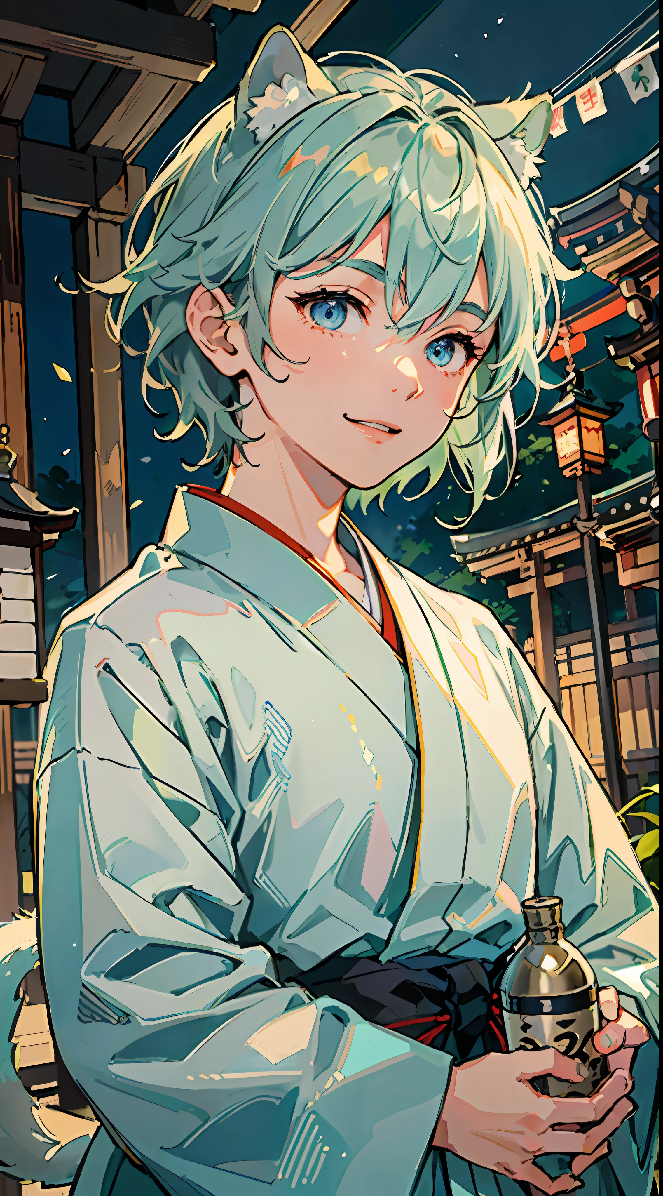 ((Masterpiece: 1.4, highest quality)), one boy, green and short hair and eyes, (Shinto priest of the Japan, white and light blue hakama: 1.3), gentle smile, raccoon dog ears and tail, with three sides of alcohol, the background is a temple in Kyoto.