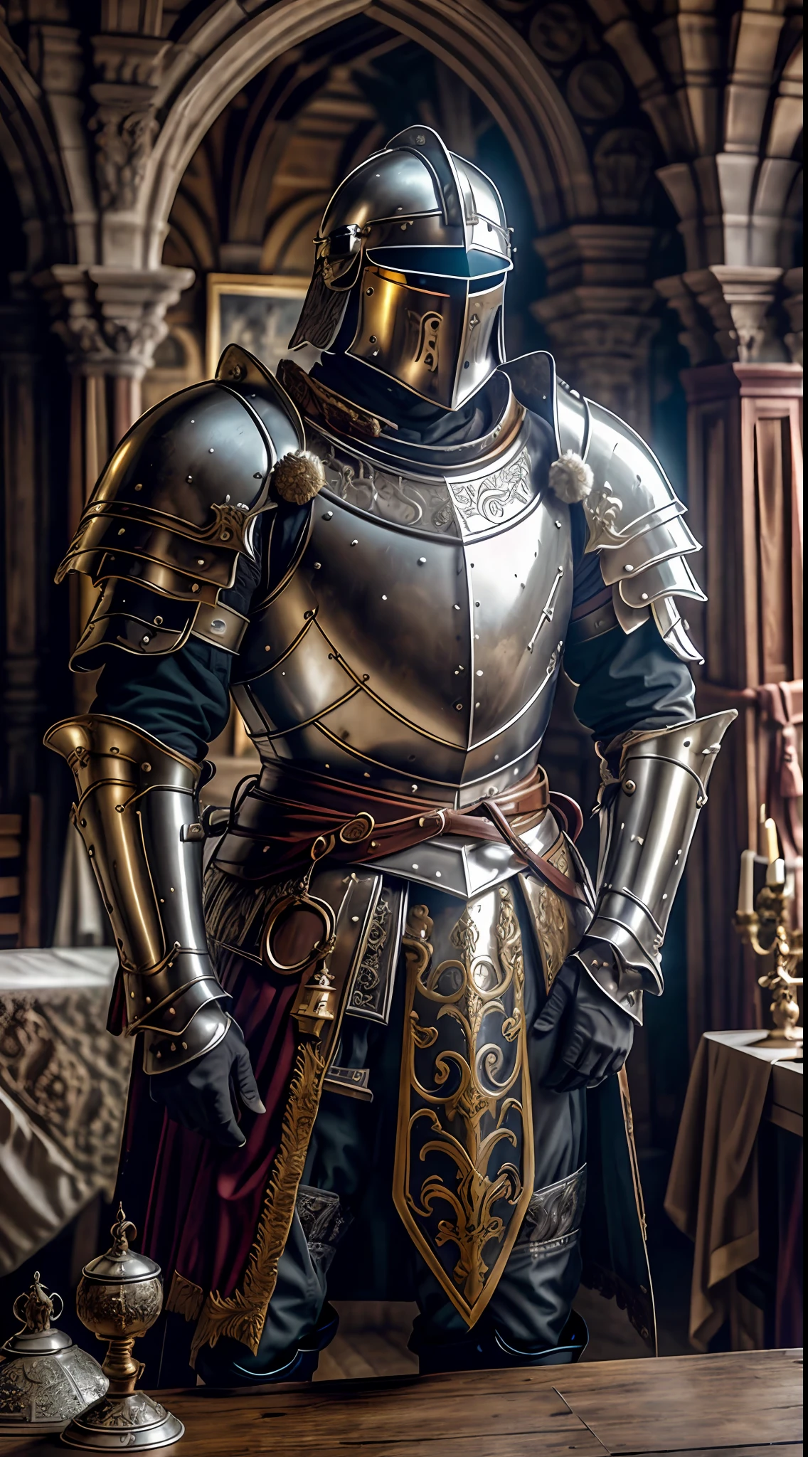 Masterpiece, cinematic landscape, best quality, baroque, realistic, , man, white Roman medieval armor, worn armor, upper body, looking at the viewer, in the king's room inside a castle
