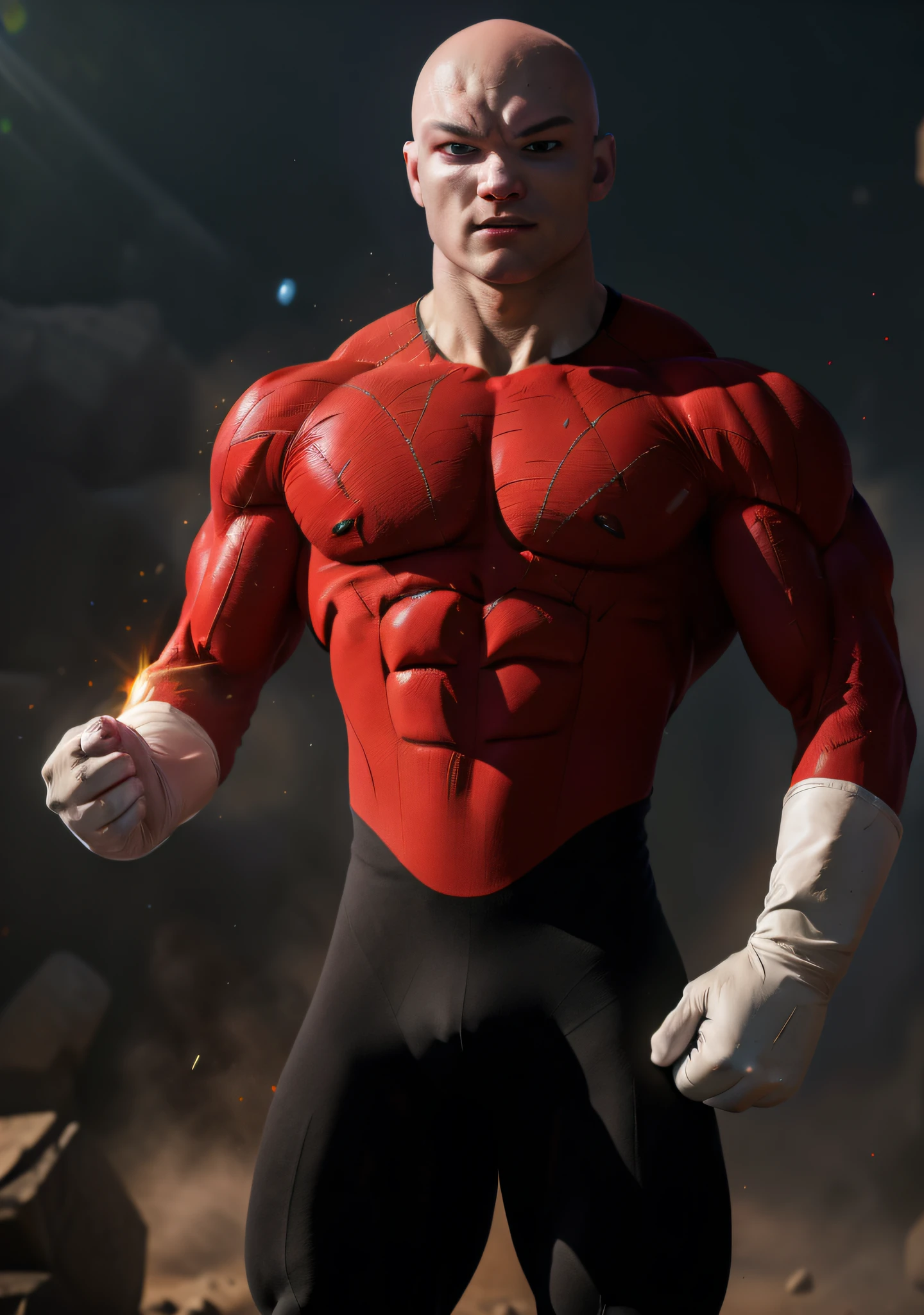 "((masterpiece, best quality)), (complex lighting), on the ground, 1 boy, Jiren, white gloves, bodysuit, muscle, bald light particles, dust particles."