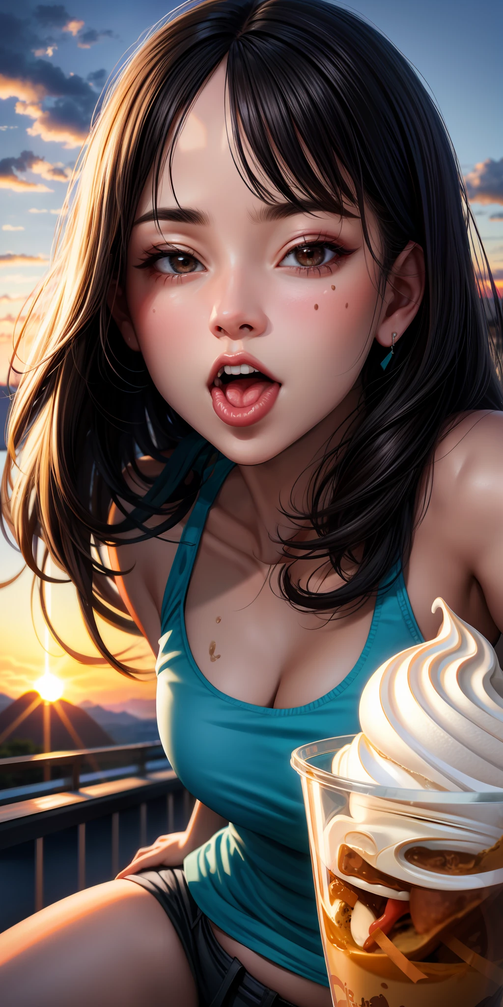realistic, woman, selfie, wide mouth, licking, soft serve ice cream, face zoom, background sunset