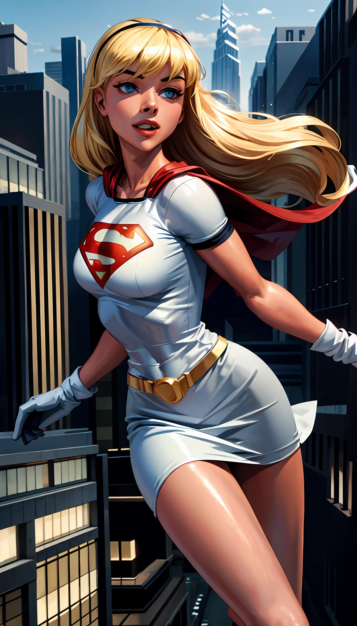 (cowboy shot), sfw, (masterpiece), (best quality:1.0), (ultra highres:1.0), detailed eyes,
BREAK
Supergirl, 1girl, long blonde hair, midair, flying
hairband, \(white\) crop top, short sleeves, cape, blue pencil skirt, gloves, boots
BREAK
(clouds, city, gorgeous view)