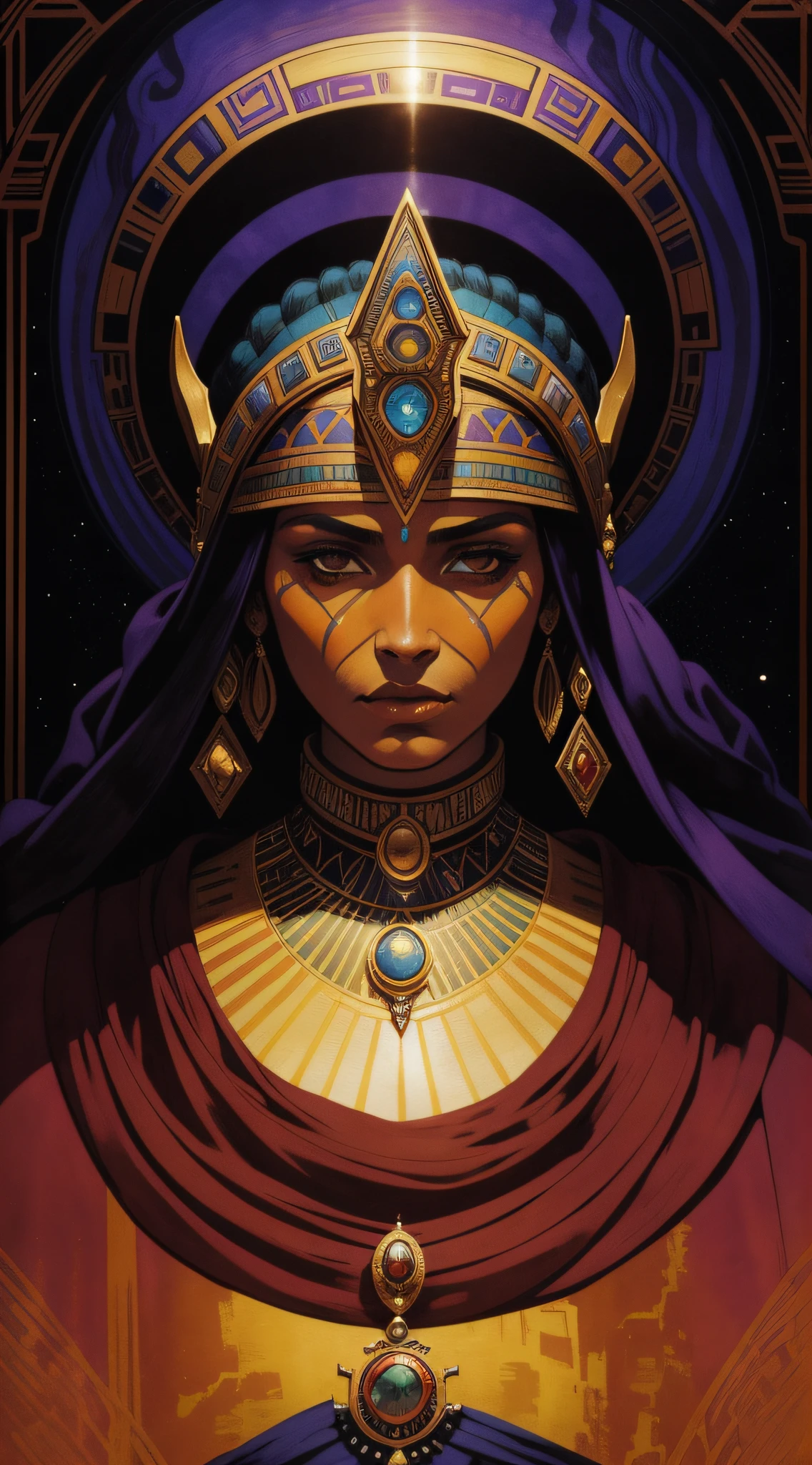 portrait of an old republic exotic female Mayan empress from the alien world of Arrakis, in the style of Vermeer, watercolor with bold ink outlines, Moebius, intense interplay of light and shadows, bejeweled, Donato Giancola, Vincent van Gogh, scratched, velvet richness, anthropomorphic realism, dramatic layered composition
