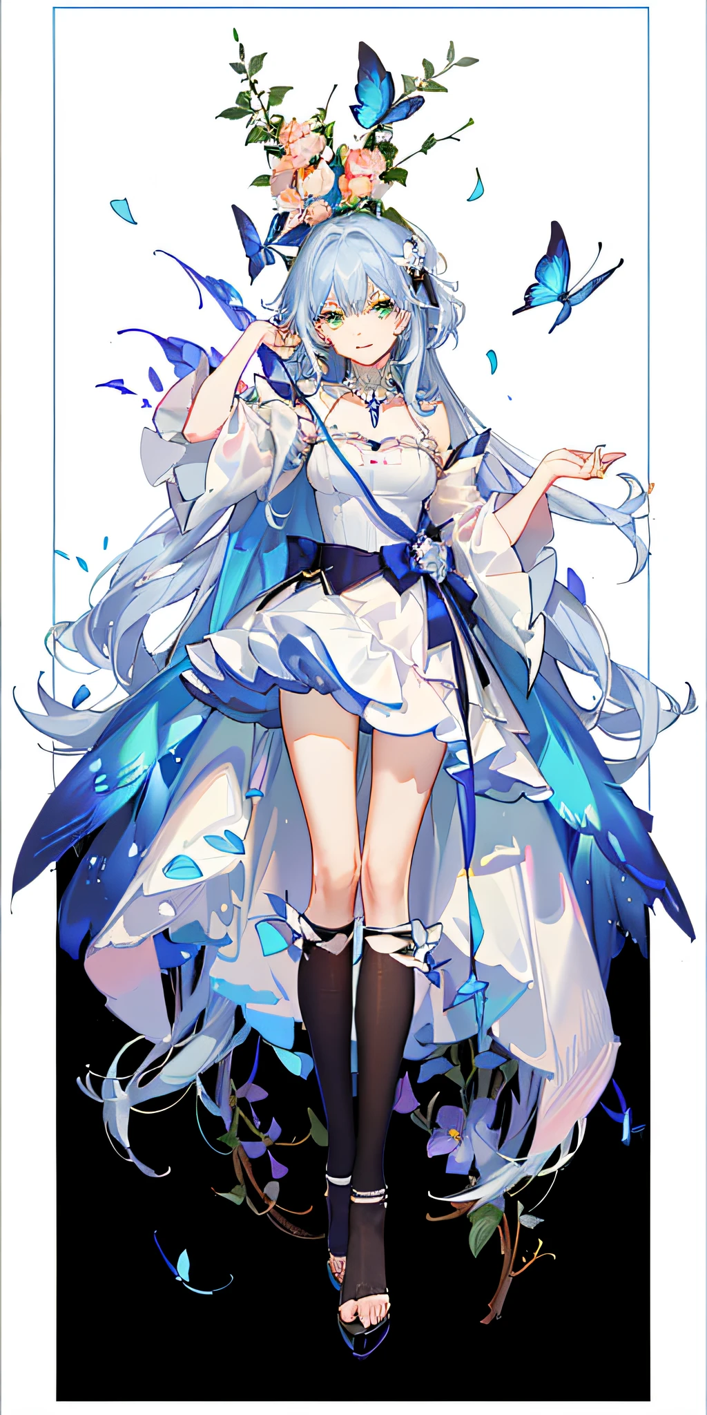 (Golden Ratio: 1.2), (Rose Graffiti: 1.2), (Fault Color: 1.3), [(White Background: 1.4): : 10], (Full Body: 1.2), (Ultra Fine: 1.3), (Tarot: 1.6), (Magician (Tarot): 1.6), (Paper: 1.2), (Leprechaun: 1.6), (Fairy Wings: 1.2), Full Body, Hanging, (Cool: 1.2), (Red Long Hair), (Butterfly Hair Ornament), (Flower Hair Ornament: 1.0), (Sandals, Pendants )), (Colorful cocktail dress: 1.0) + (Loose sleeve jacket: 1.3) + (Fluttering colored tassels and ribbons: 1.2), (White stockings: 1.2), (Colored ink paper flowers: 1.2), (Colorful flowers: 1.3), (Chaotic geometry: 1.3), (Negative space: 0.8), (Artboard: 1.3), (Ethernet ink flow: 1.3)
