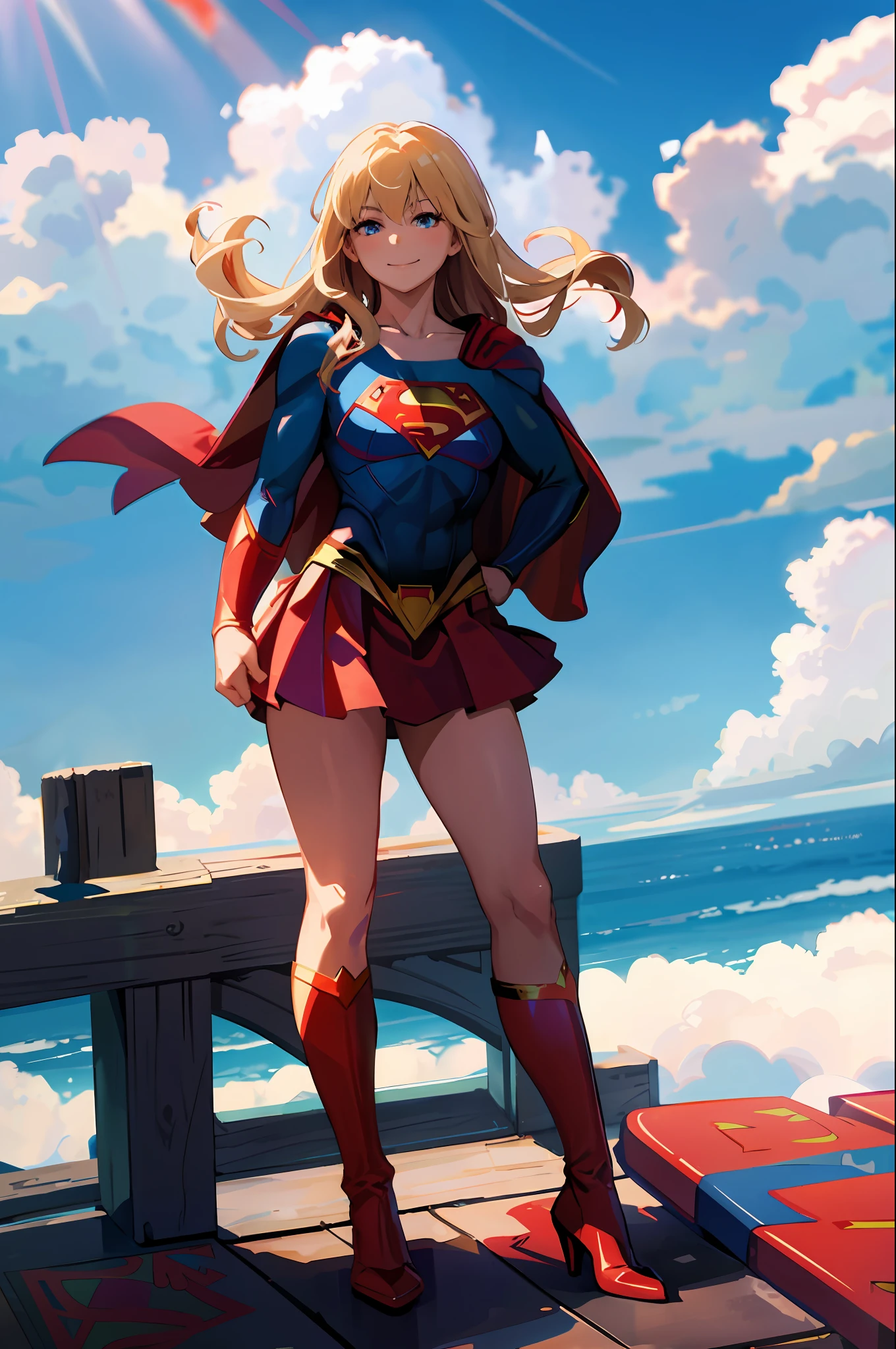 masterpiece, 4k, 8k, high quality, highly detailed, detailed face, HDR, vivid colors, natural lighting, Best Shadows, Shallow Depth of Field, Portrait of (Supergirl:1.1) standing on a rooftop, smiling, red skirt, red cape, red boots with heels, delicate, alluring blue eyes, lovely medium breasts, blonde, (Superman symbol on chest:1.2), bare legs, blue sky, sunlight, clouds, sun, bloom,