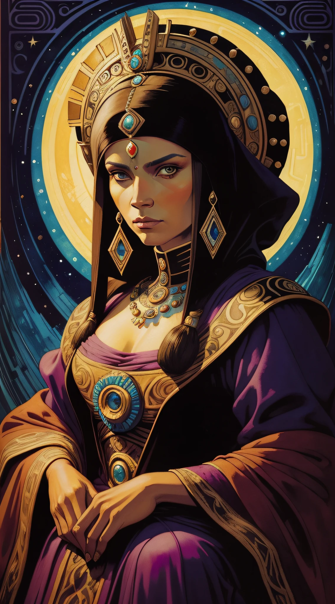 portrait of an old republic exotic female Mayan empress from the alien world of Arrakis, in the style of Vermeer, watercolor with bold ink outlines, Moebius, intense interplay of light and shadows, bejeweled, Donato Giancola, Vincent van Gogh, scratched, velvet richness, anthropomorphic realism, dramatic layered composition