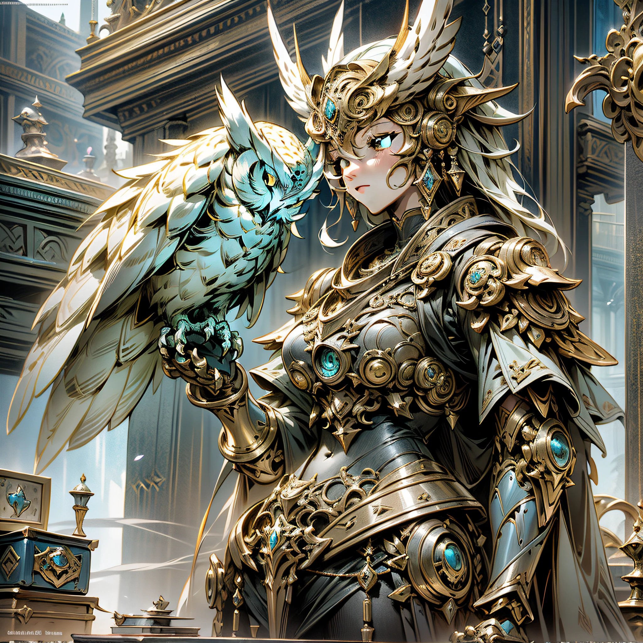 Building ledges with large owl statues, mechanical owls, high detail official artwork, epic fantasy card game art with giant robot owls, 4K highly detailed digital art, Magic card collection card art, fantasy card game art, Kaladesh concept art. Mechanical, Raymond Swanland style, Complete Art, Magic: Gathering Art