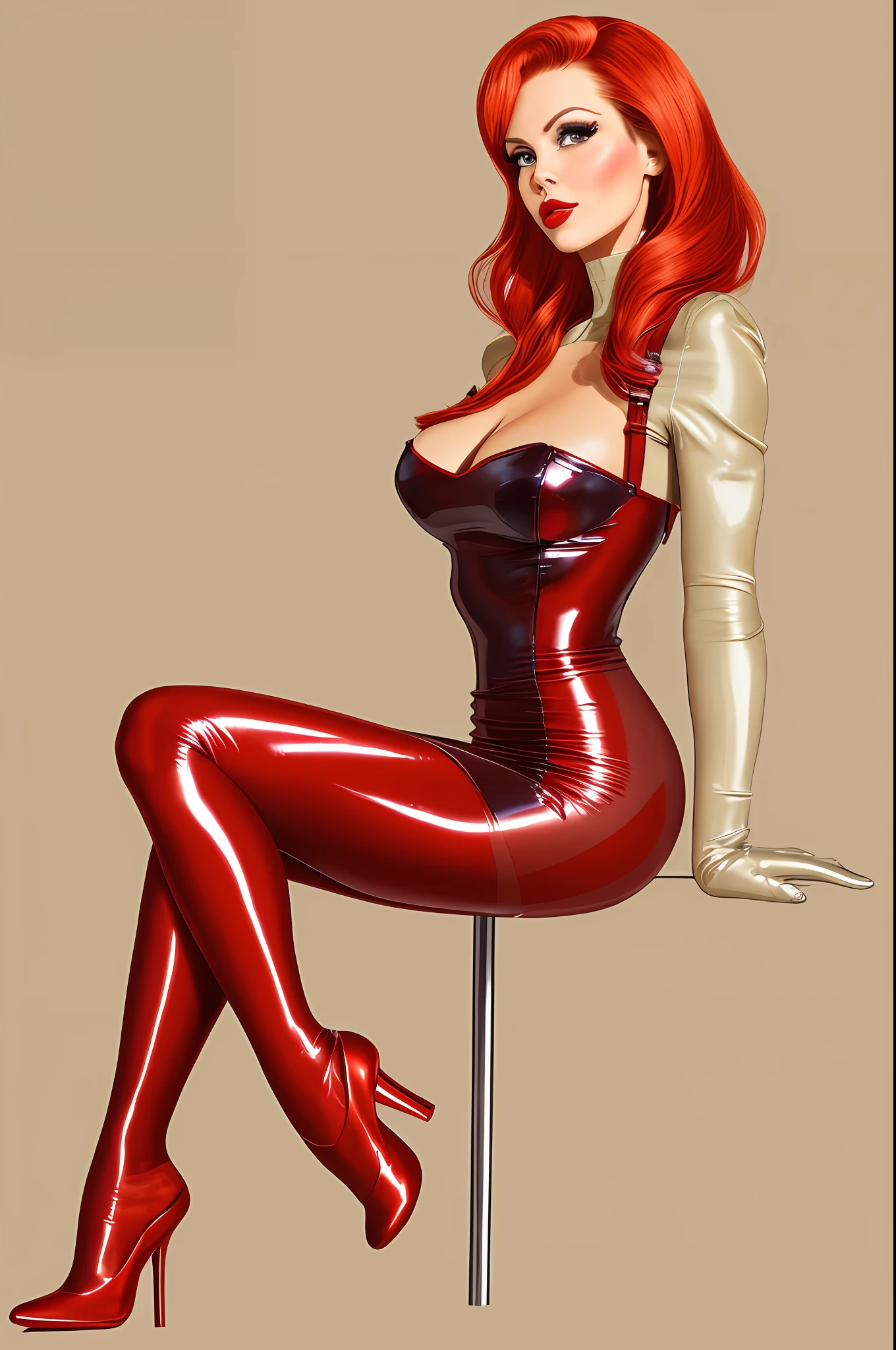 painting of a woman style Gil Elvgreen, pin up, realistic, best quality, multi layer colors, short latex dress, realistic texture, silver clothing, clothing with red details, flowing red hair, ((((pantyhose))) beige, tan pantyhose,