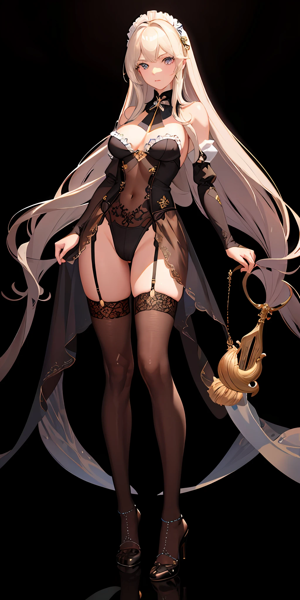 (hyperrealistic), (illustration), (high resolution), (8K), (extremely detailed), (best illustration), (beautiful detailed eyes), (best quality), (super detailed), (masterpiece), (wallpaper), (detailed face), solo, 1 girl, white wavy hair, korean, heterochromic eyes, small moles under the eyes, maid outfit, big breasts, long legs, tight abs, (camel toes), (black stockings), (no panties)