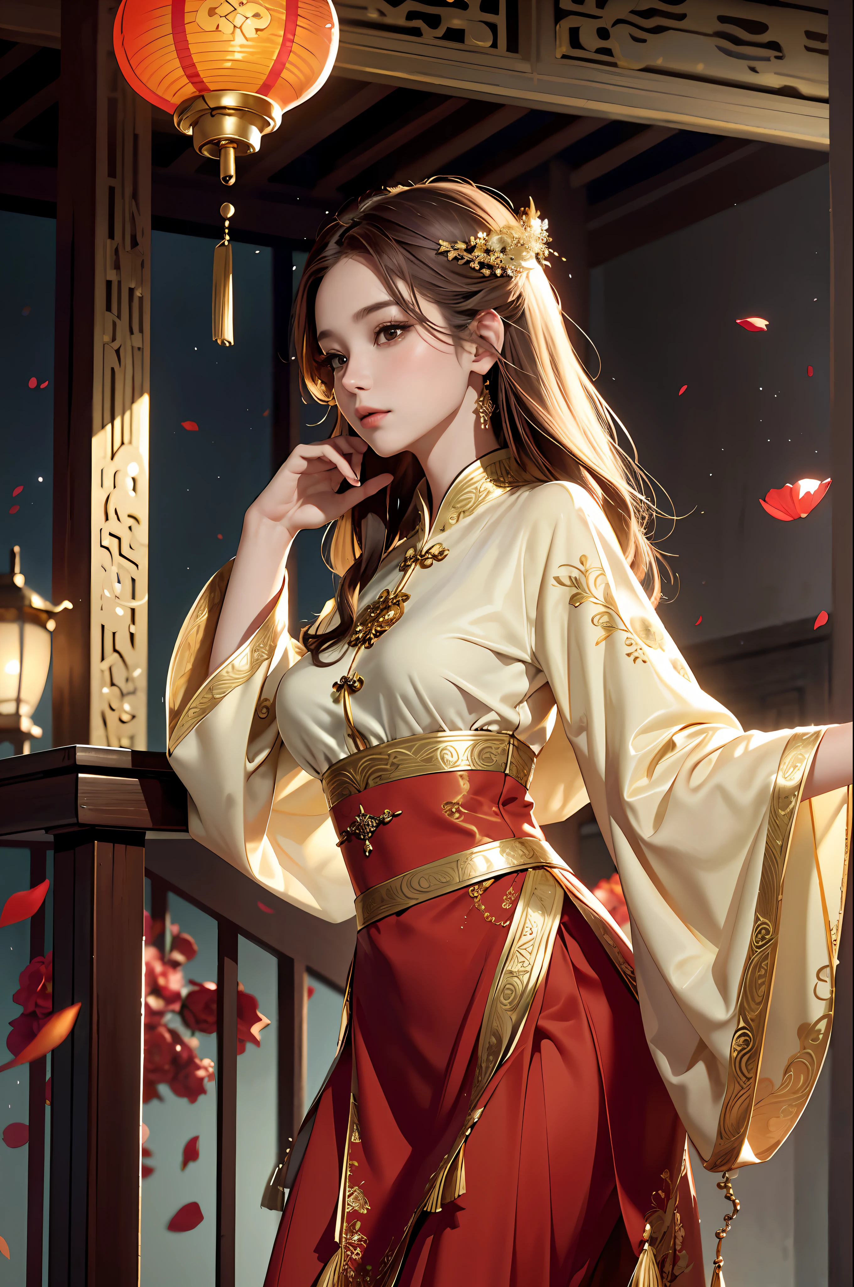 best quality, masterpiece, highres, (exquisite body:1.5),gorgeous face,(milky skin:1.3),intricate details,high resolution,wallpaper,
1girl, solo, dress, hair ornament, (((gold and red dress))), flowers, long hair, brown hair, closed mouth, jewelry, long sleeves, hand up, wide sleeves, big eyes,floating hair, chinese clothes, hanfu, embroidery, long skirt, natural pose, falling petals, indoor,fanning, lantern,
16K,HDR,highres,depth field,(film grain:1.1),boken,golden hour,(lens flare),vignette,rainbowing,(color grading:1.5)