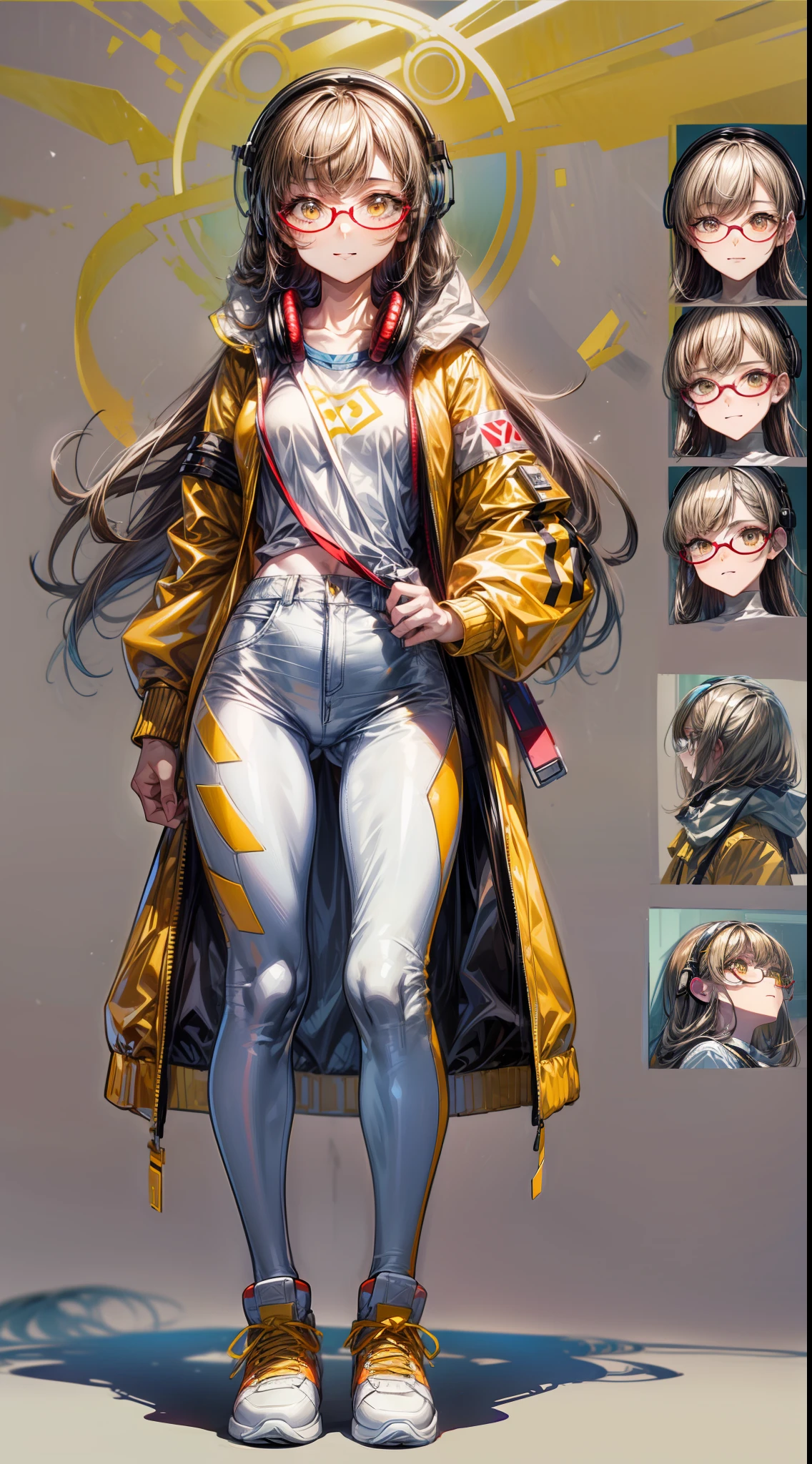 (character design sheet, same character), volume light, shadow, best quality, masterpiece, ultra-detailed, 1girl, full body, hooded, earphone, solo, small, thin thin, beautiful face, lovely, calm expression, smile, smiling, golden eyes, brown hair, long hair, beautiful detailed details, volume light, shadow, circles, glasses, Yandere, headphones, medium breasts, thin waist, small muscle, white shirt, yellow jacket, black pants, golden yellow and white sneakers, (single background, white background: 1.3)