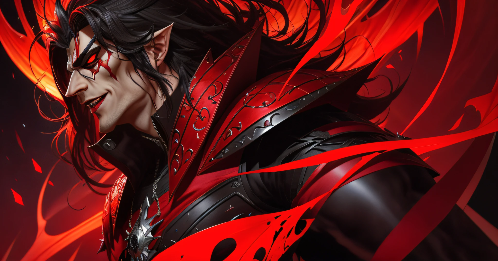 A cartoon of a male devil with a red and black costume, male vampire, red demonic armor, vampire lord, 90's comic book character design.