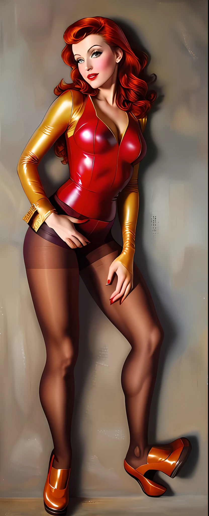 painting of a woman style Gil Elvgreen, pin up, realistic, best quality, multi layer colors, latex clothes, realistic texture, red clothes, clothing with golden details, flowing red hair, ((((pantyhose)))