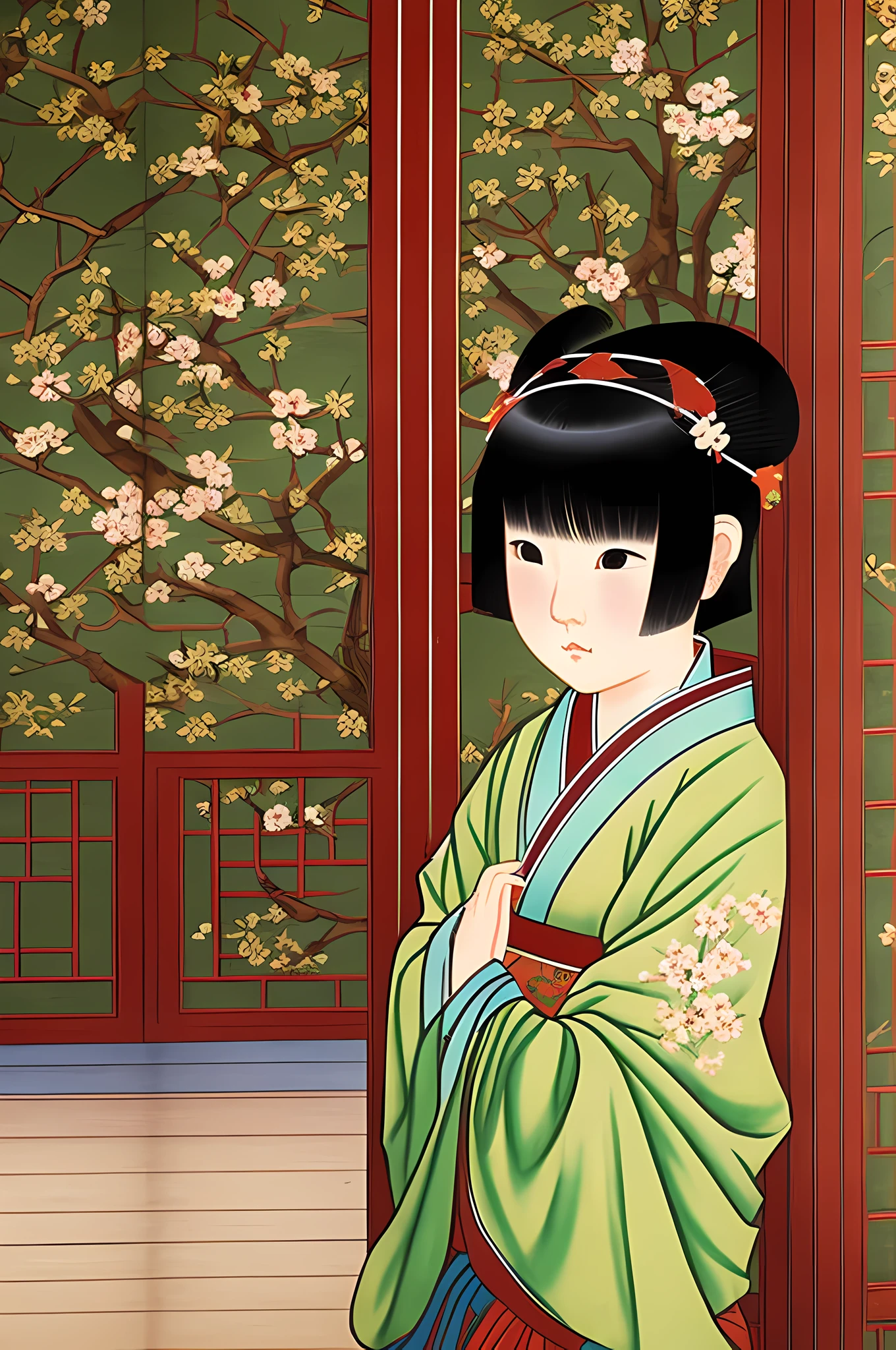 Cute short-haired girl in Tang Dynasty paintings, oriental paintings, oriental style, and Japanese anime