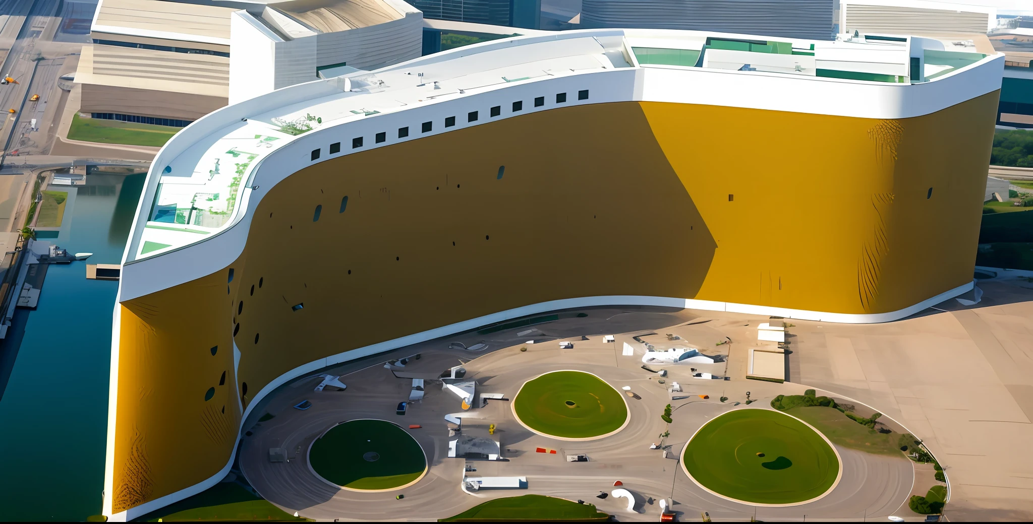 Aerial view of the headquarters of the Superior Electoral Court in Brasilia, Oscar Niemeyer, huge futuristic building, rounded architecture, photo taken from above, photo from above, painting like Van Gogh --auto --s2