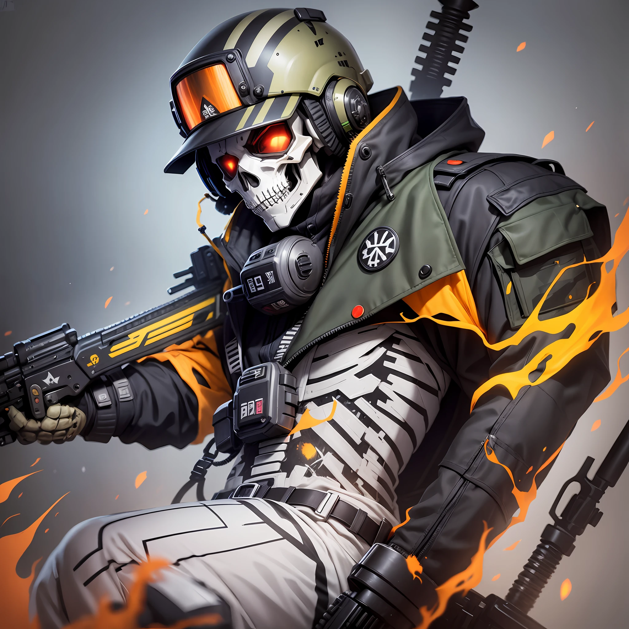 Skeleton, multicolored visor, jacket with spikes, 50 caliber flank shooter, right hand with active grenade, death logo --auto --s2