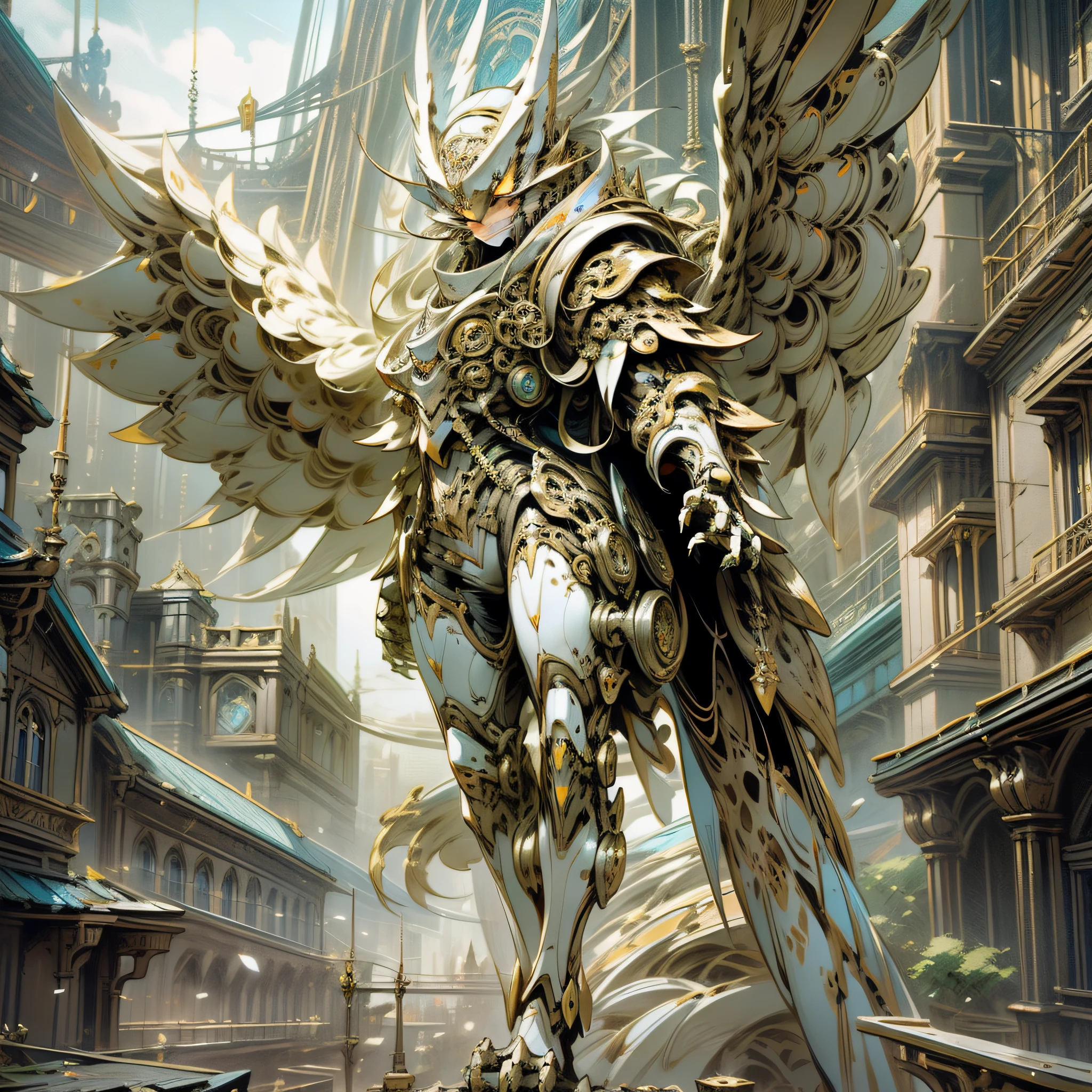 there is a large owl statue on a building ledge, mechanical owl, high detailed official artwork, epic fantasty card game art, with a giant robot owl, 4k highly detailed digital art, magic the gathering card art, fantasy card game art, kaladesh concept art. mechanical, style of raymond swanland, full art, owl, magic : the gathering art