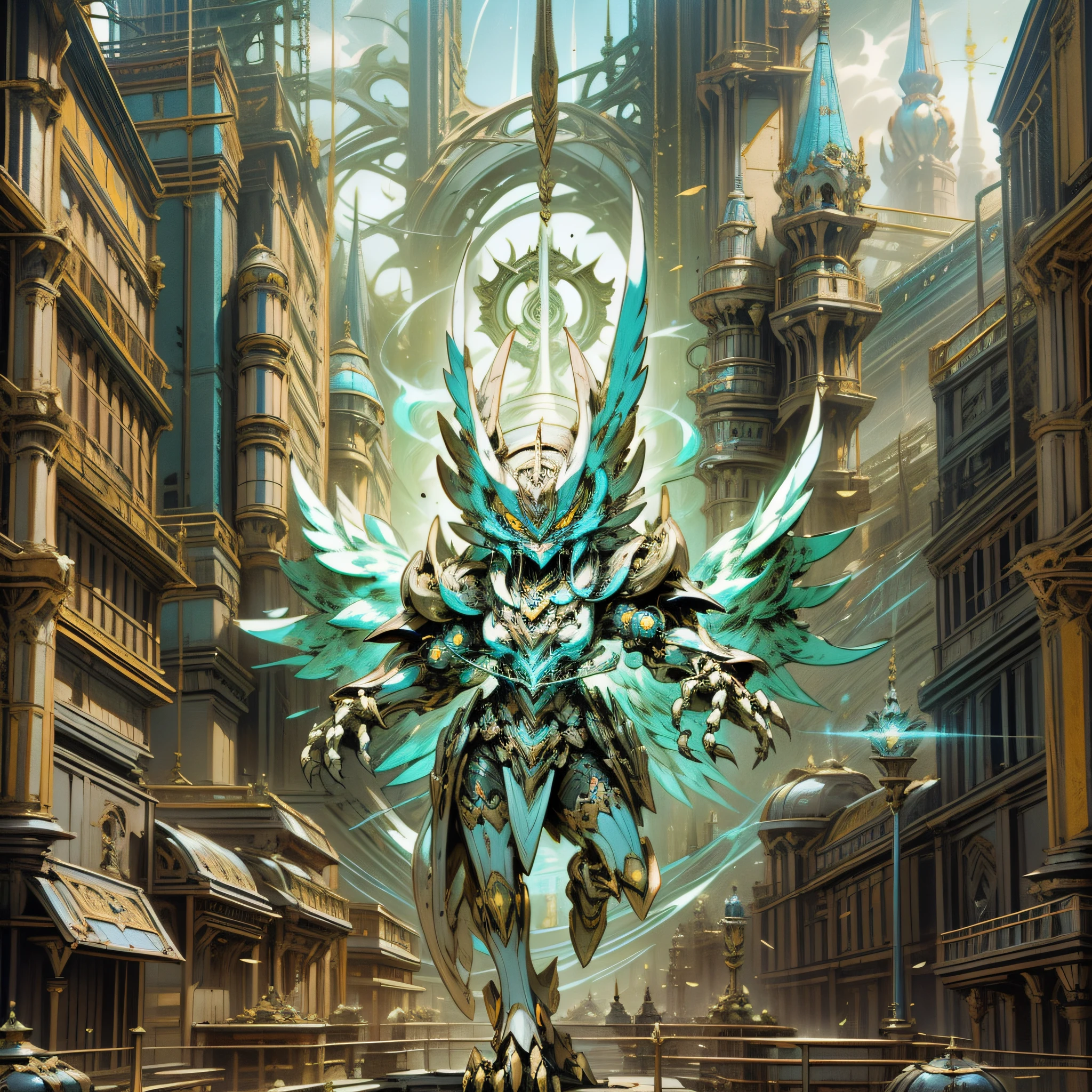 there is a large owl statue on a building ledge, mechanical owl, high detailed official artwork, epic fantasty card game art, with a giant robot owl, 4k highly detailed digital art, magic the gathering card art, fantasy card game art, kaladesh concept art. mechanical, style of raymond swanland, full art, owl, magic : the gathering art