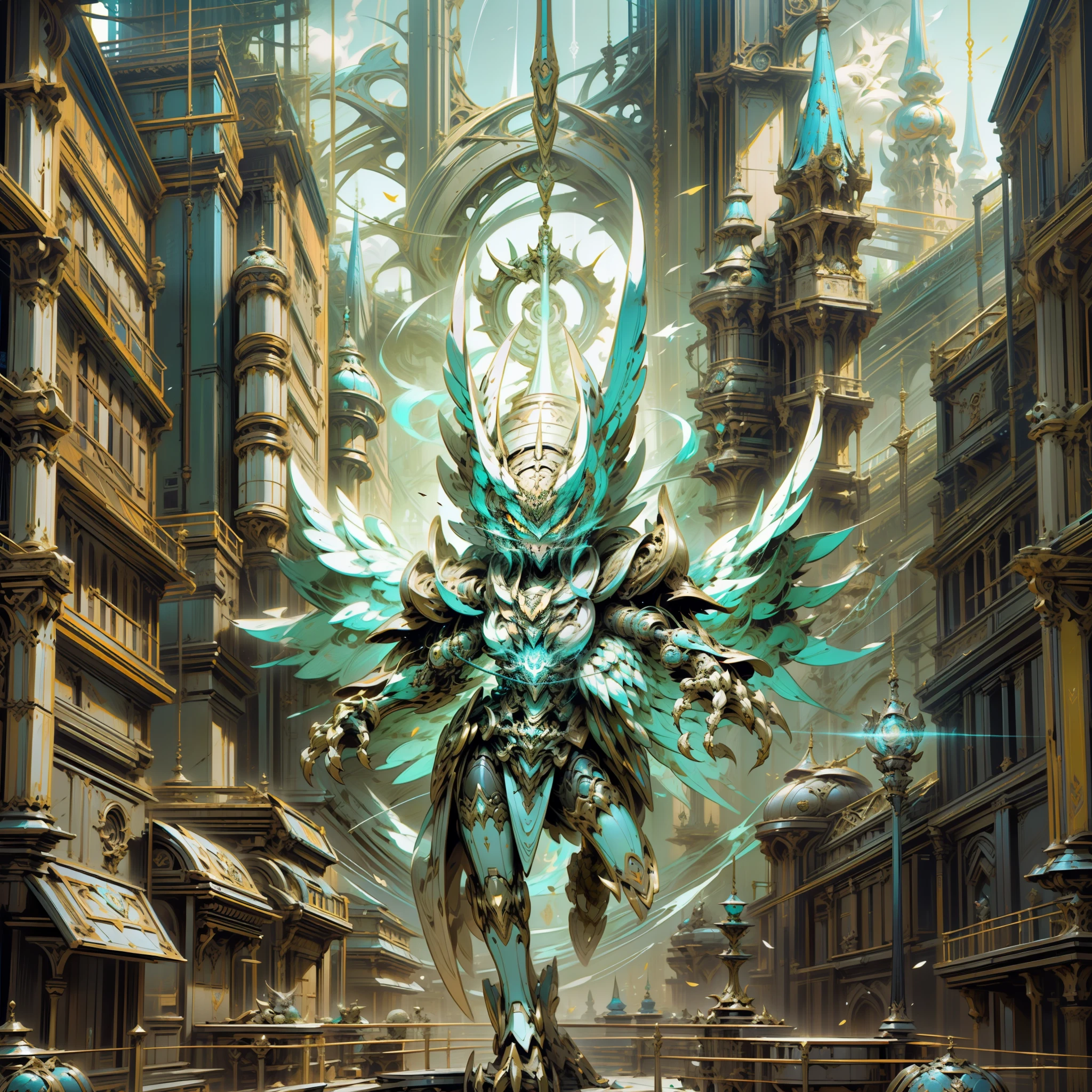 there is a large owl statue on a building ledge, mechanical owl, high detailed official artwork, epic fantasty card game art, with a giant robot owl, 4k highly detailed digital art, magic the gathering card art, fantasy card game art, kaladesh concept art. mechanical, style of raymond swanland, full art, owl, magic : the gathering art
