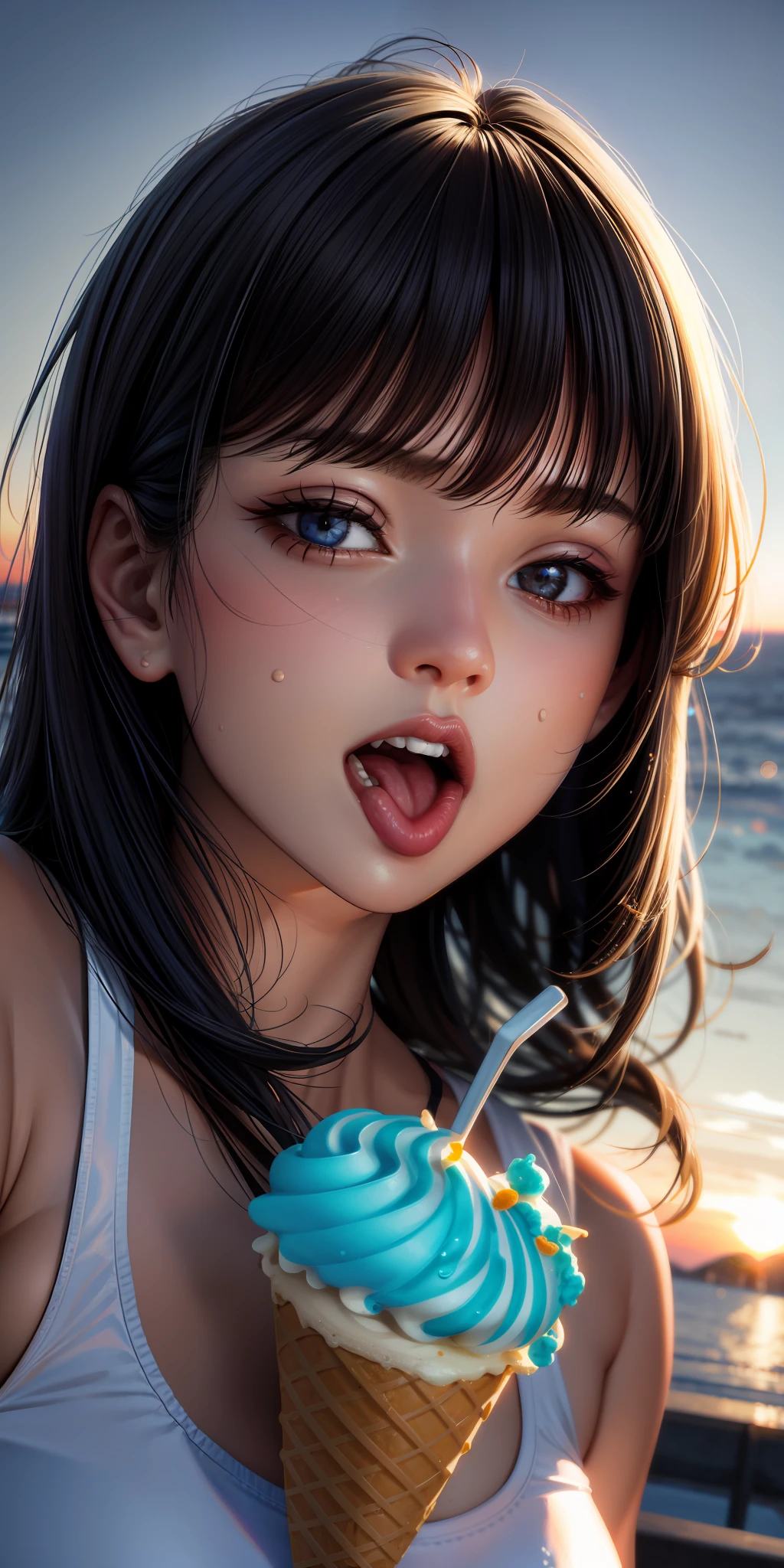 realistic, woman, selfie, wide mouth, licking, soft serve ice cream, face zoom, background sunset