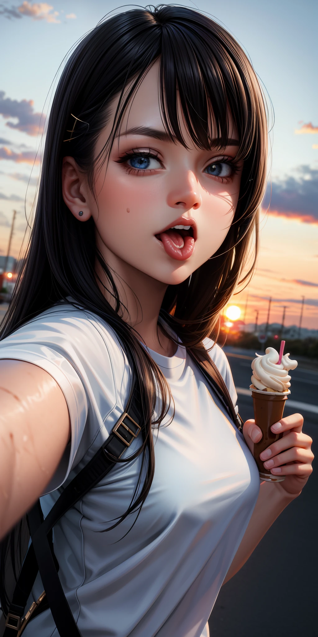 realistic, woman, selfie, wide mouth, licking, soft serve ice cream, face zoom, background sunset