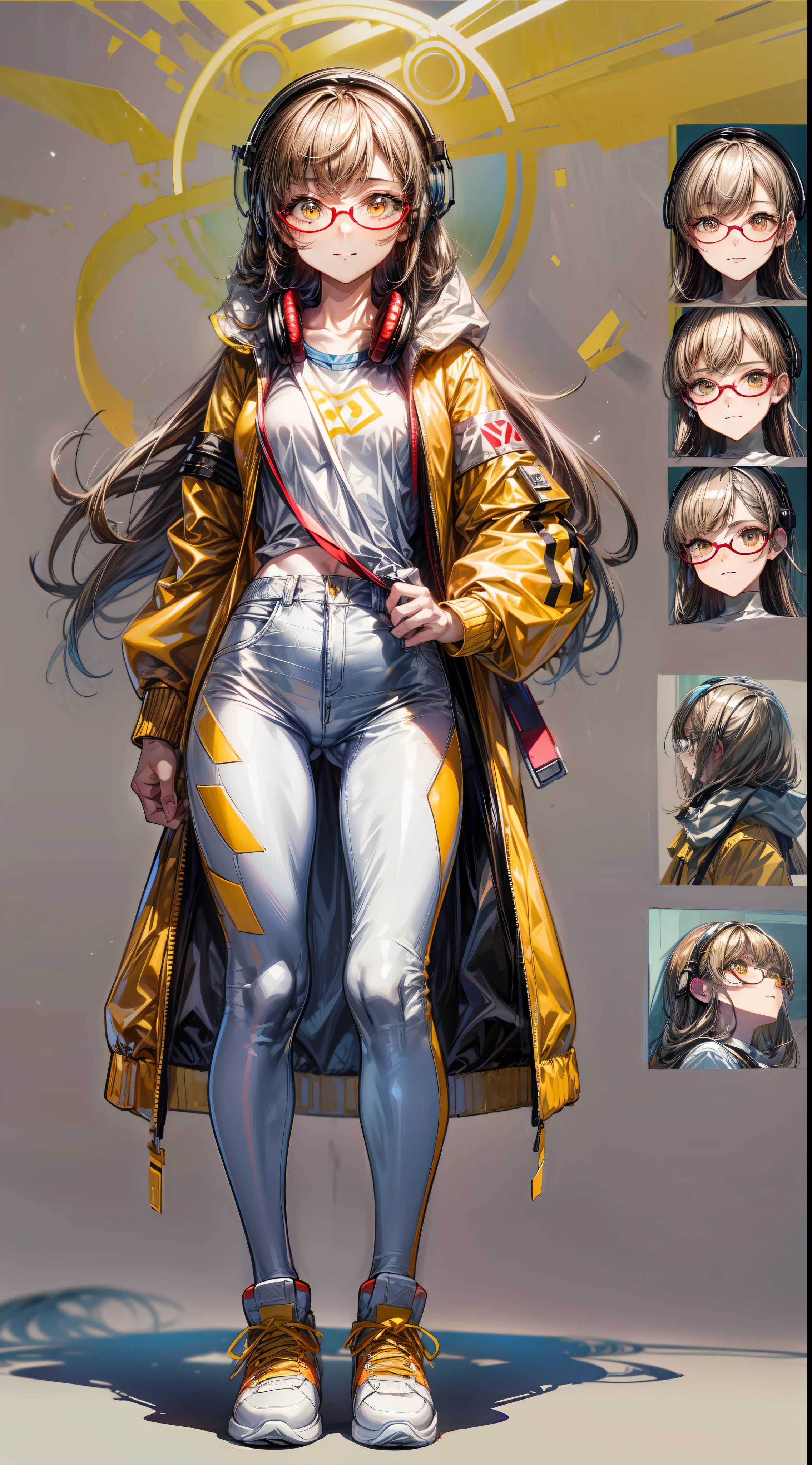 (character design sheet, same character), volume light, shadow, best quality, masterpiece, ultra-detailed, 1girl, full body, hooded, earphone, solo, small, thin thin, beautiful face, lovely, calm expression, smile, smiling, golden eyes, brown hair, long hair, beautiful detailed details, volume light, shadow, circles, glasses, Yandere, headphones, medium breasts, thin waist,  small muscle, white shirt, yellow jacket, black pants, golden yellow and white sneakers, (single background, white background: 1.3)