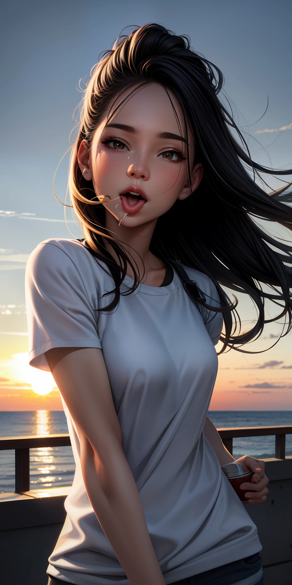 realistic, woman, selfie, wide mouth, licking, soft serve ice cream, face zoom, background sunset