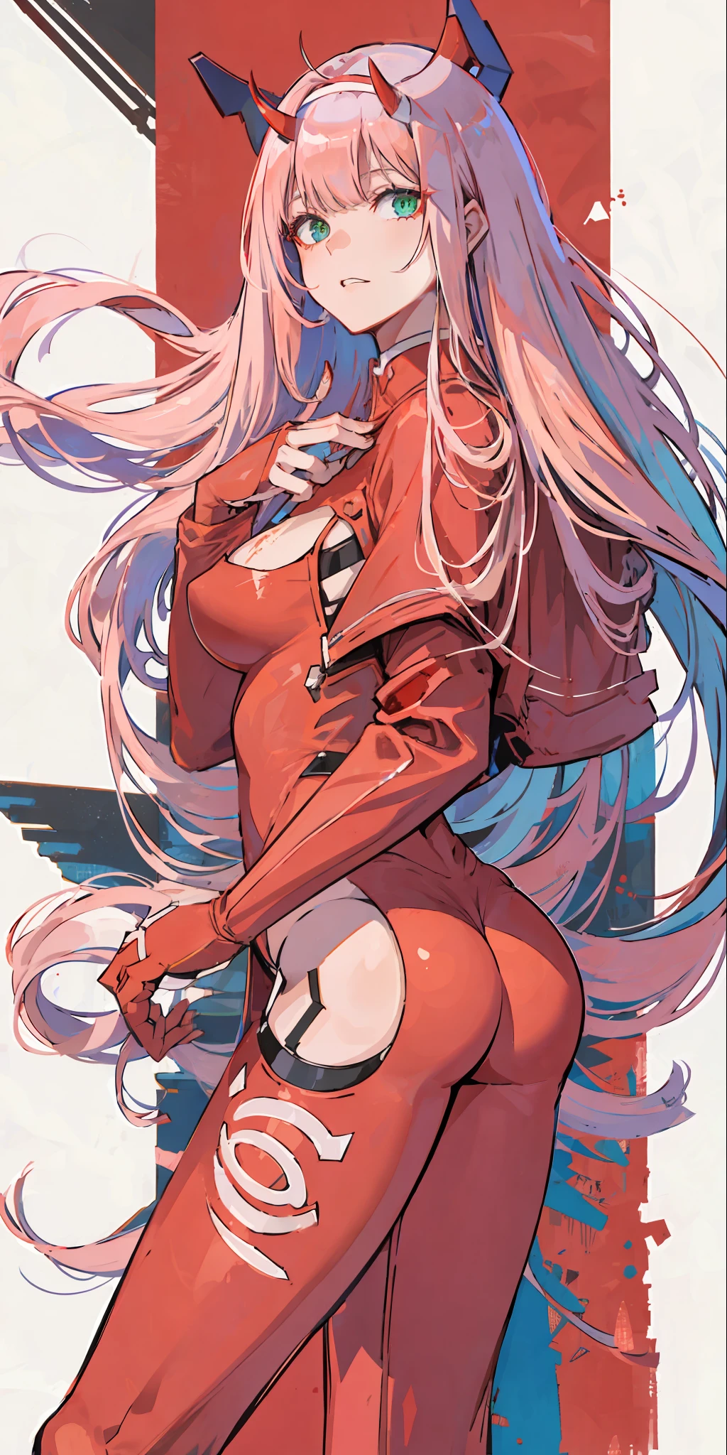 zero two \(darling on franxx\), darling on franxx, 1girl, fringe, bite, from behind, lying down, bed, blood, shadow, green eyes, horns, long hair, looking at the viewer, blood, small breasts, big ass, makeup, red bodysuit, pink hair, red eyeshadow, tight skin, solo, blood