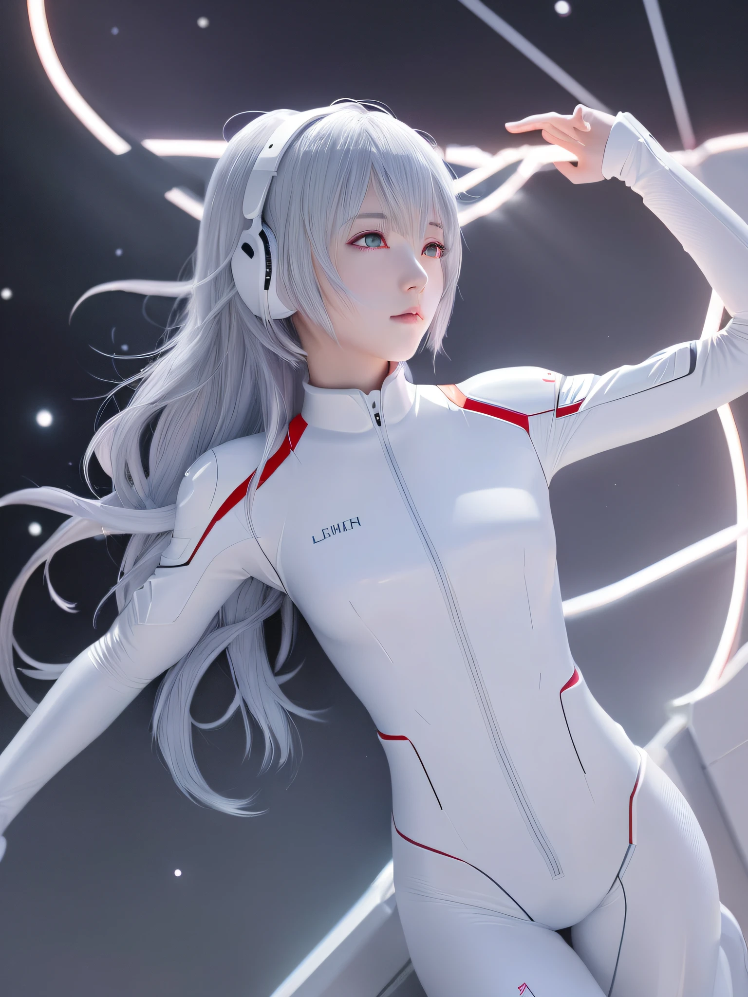 (8K, Excellent, Masterpiece: 1.2), High Detail, Masterpiece, Ultra Detailed, Solo, 1Girl, (White: 1.5), (Delicate Eyes), Plugsuit, 1Girl, star_\(Sky\), Short Hair, Starry Sky, Jumpsuit, Rei Ayanami, Solo, Night Sky, Red Eyes, Red Background, Breasts, White, Pilot Suit, lance_of_longinus, Bangs, light_particles, interface_headset, souryuu_asuka_langley, whole body, gray hair,