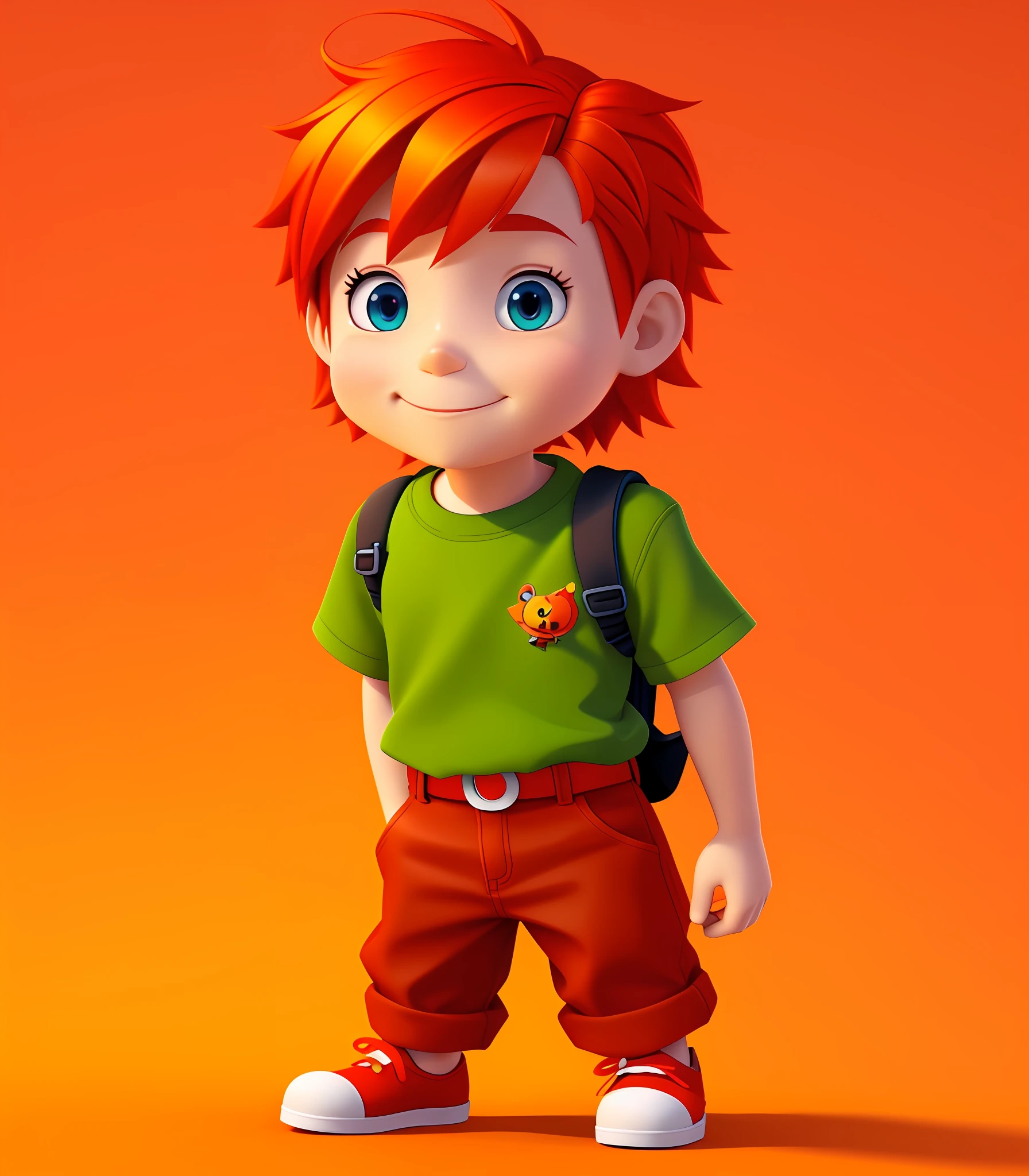 CHARACTER DESING SHEET Cartoon boy with red hair and backpack pointing at something, adorable digital painting, cute cartoon character, cute Pixar character, cute 3D render, cute Pixar character design, Pixar Portrait 8K photo, children's art on artstation, orange-haired anime boy, innocent look. rich vivid colors, cute digital art, ideal pixar character, cute boy, cute detailed digital art