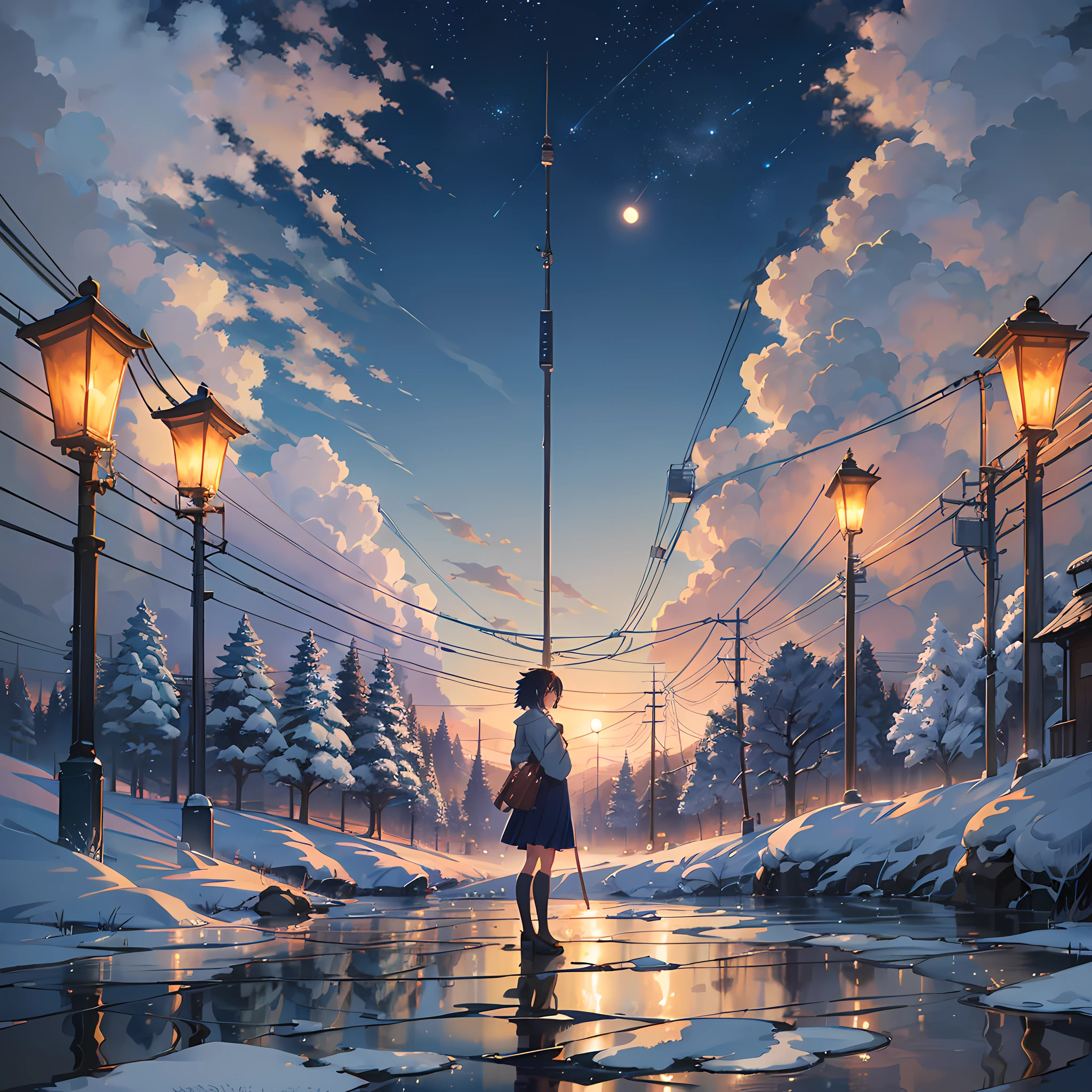 by Makoto Shinkai and Ghibli Studios, lofi, anime girl standing on moonlit lake, snown, web developer, well-defined silhouettes, dramatic lighting, highly detailed, incredible quality, trending with artstation, fantastic, dark night, masterpiece, 8K high res artwork created. --auto --s2