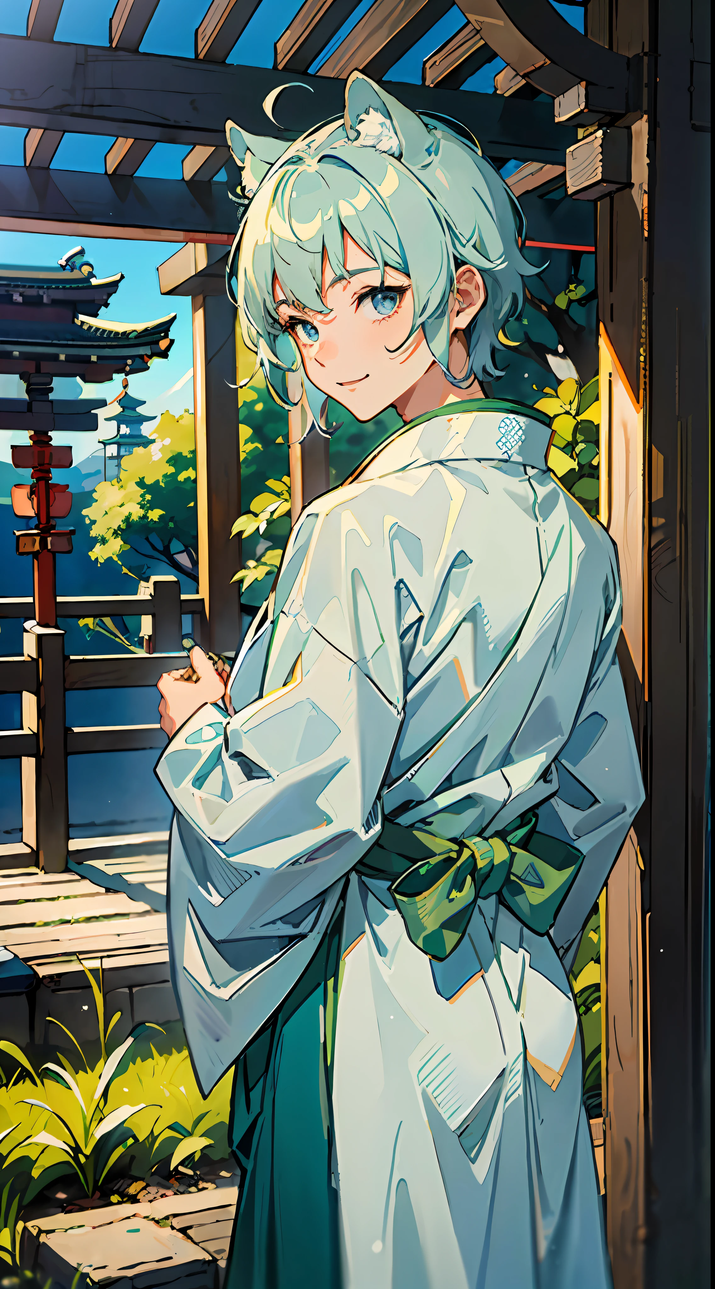 ((Masterpiece: 1.4, best quality)), one boy, green and short hair and eyes, (Japan Shinto priest, white and light blue hakama: 1.3), gentle smile, raccoon ears and tail, Three jewels with alcohol on it, the background is a temple in Kyoto.