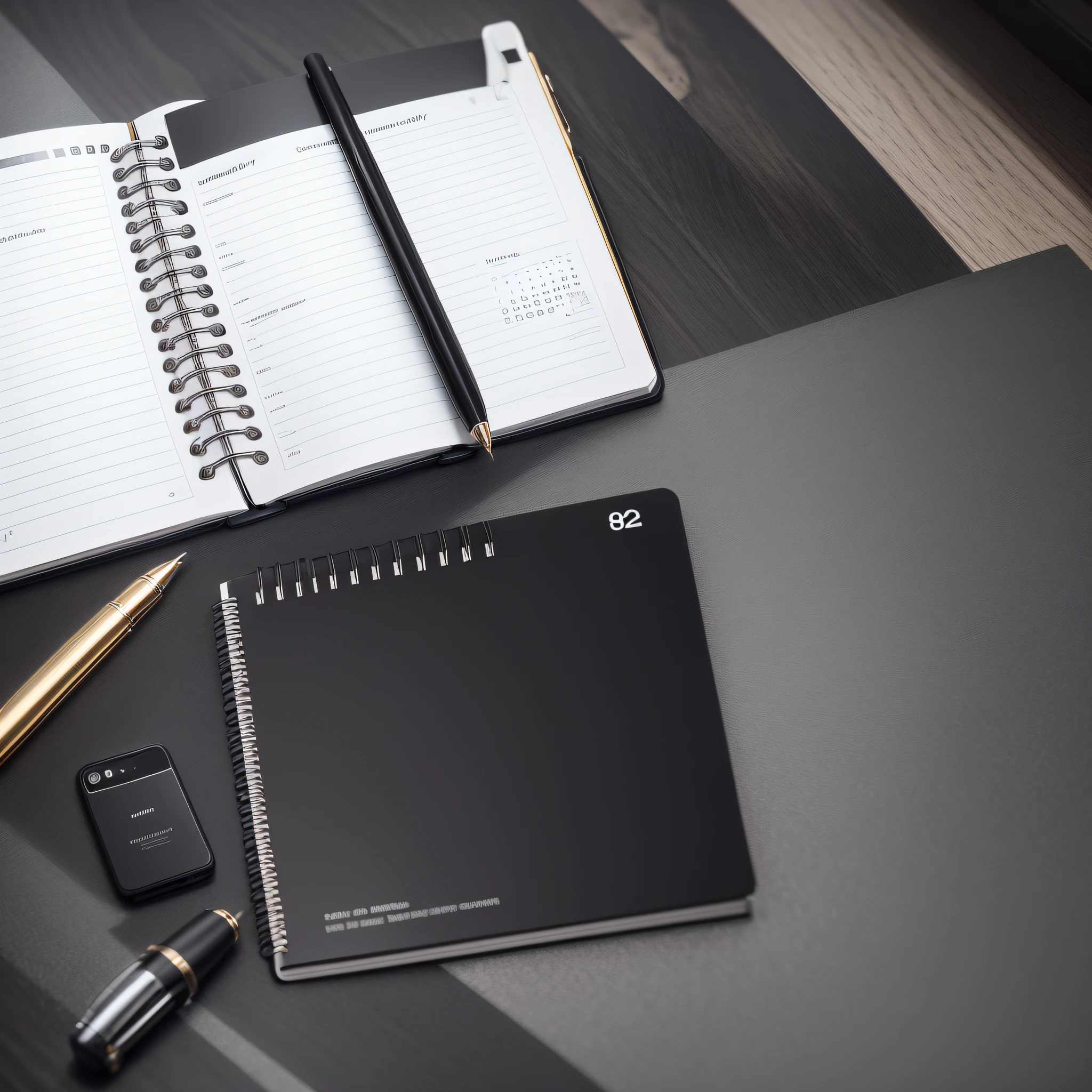 Create a professional photo, with a notebook, cell phone and coffee, pen and calendar, on top of a black table, hyper detailed, 8K, maximum quality --auto --s2