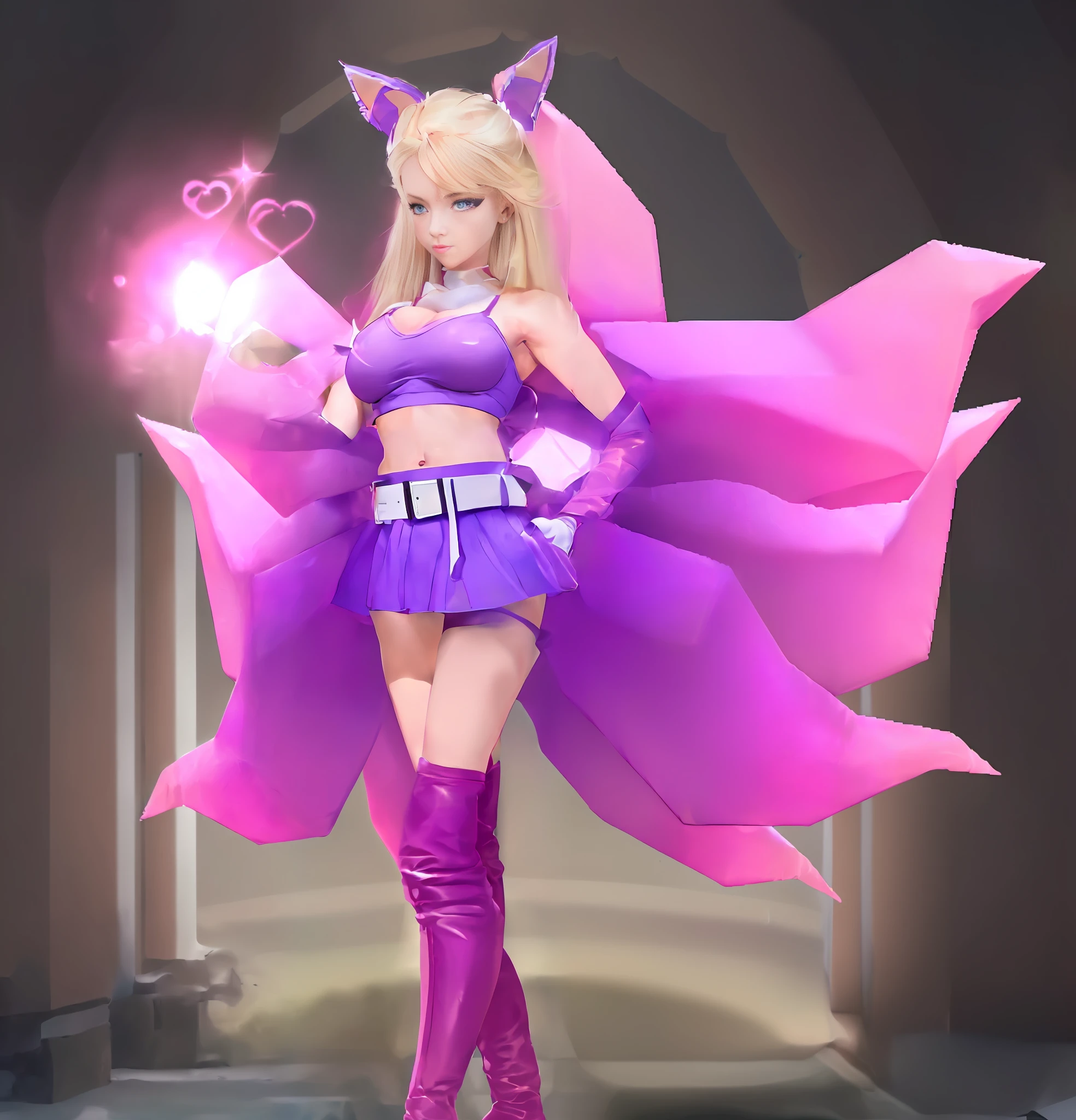 Real, ((((Big breast))), protrusion at the tip of the chest, pink bra, (((blonde and straight long hair pink miniskirt with white belt, clean navel, thin waist, clean belly, left hand on hip, leather pink gloves up to the elbow, leather with pink gloves in both hands,